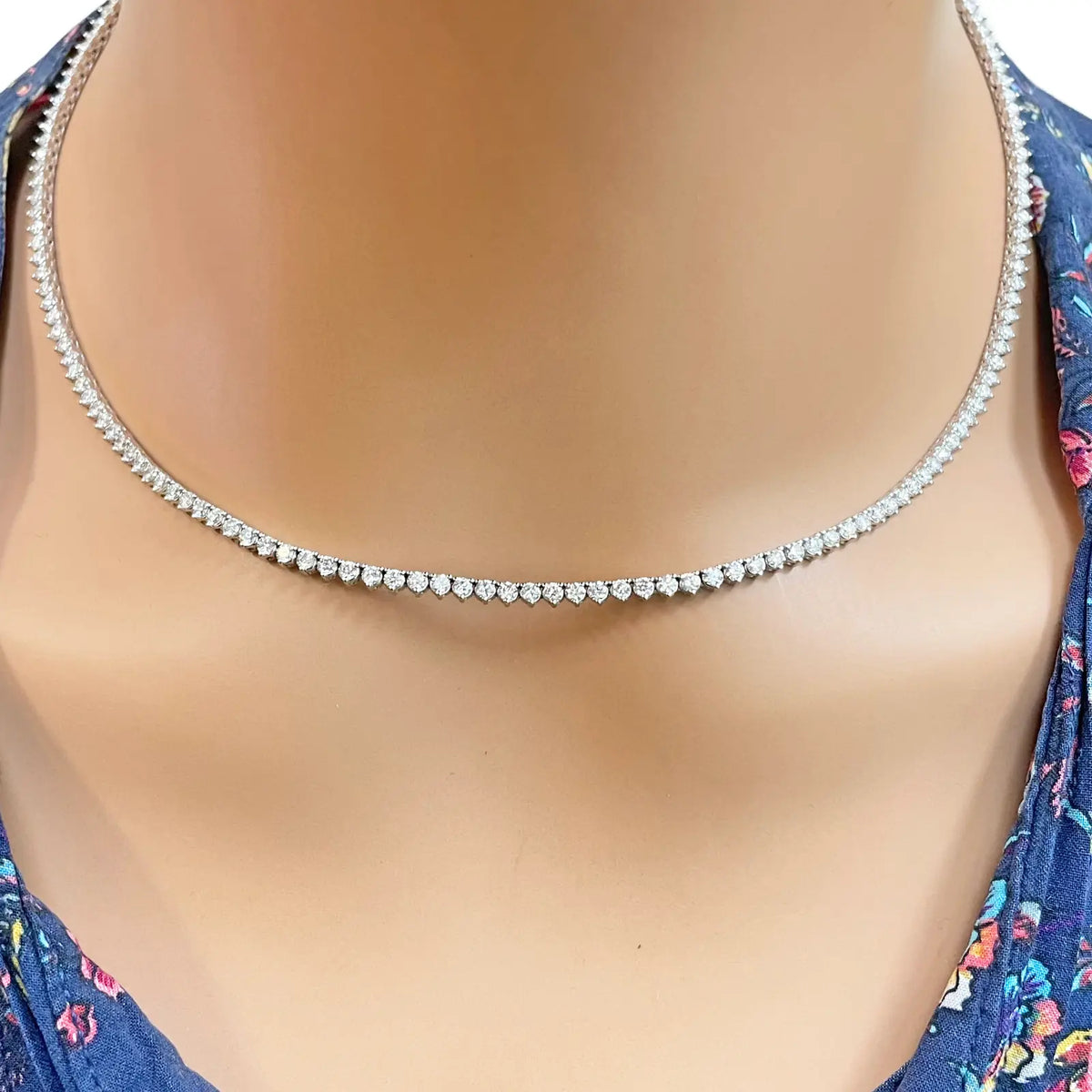 14ct White Gold Three Prong Natural Diamond Tennis Necklace 5.96ct 17''inches