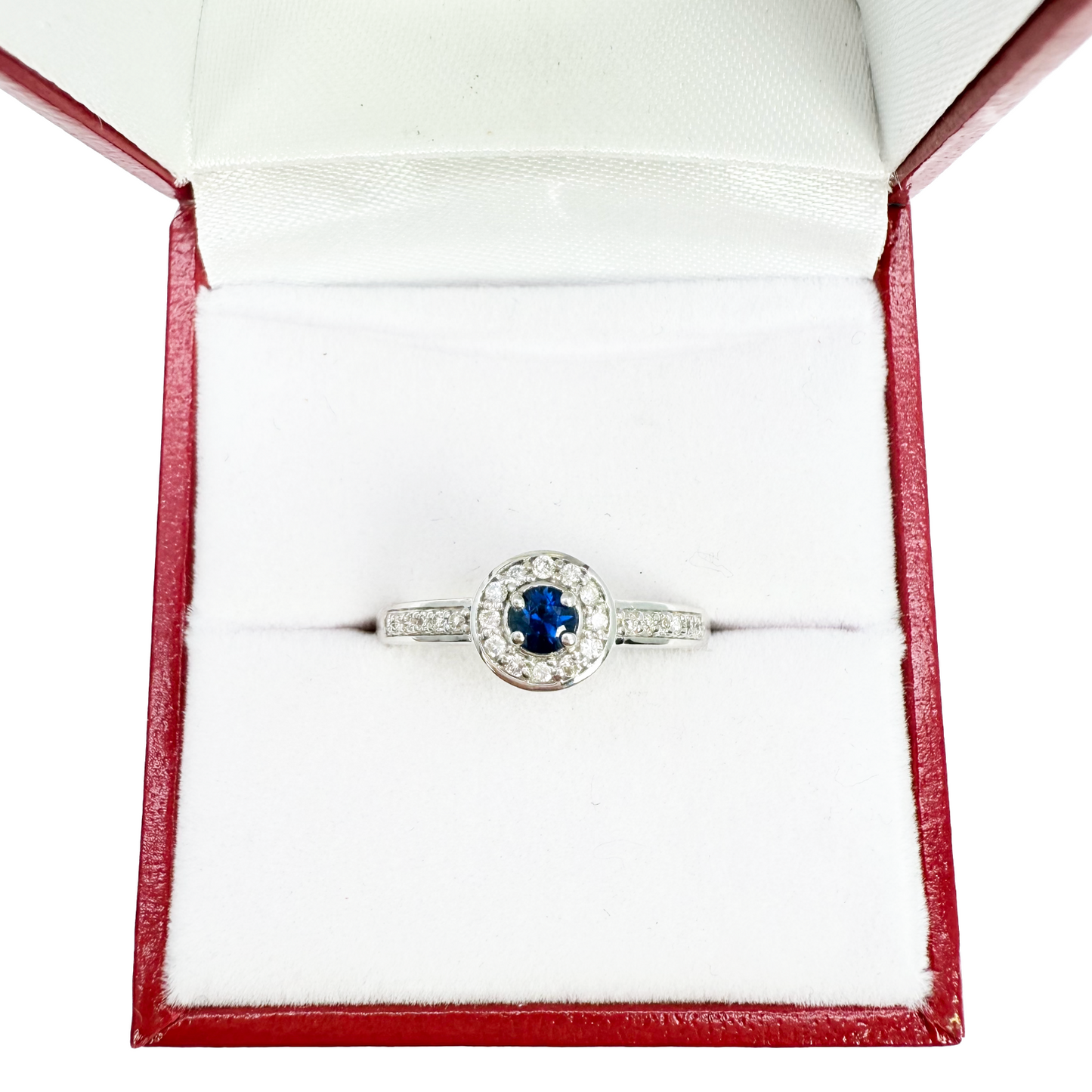 18 kt naturlig blå safir og rund diamant halo halv evigheds ring 0,35 ct