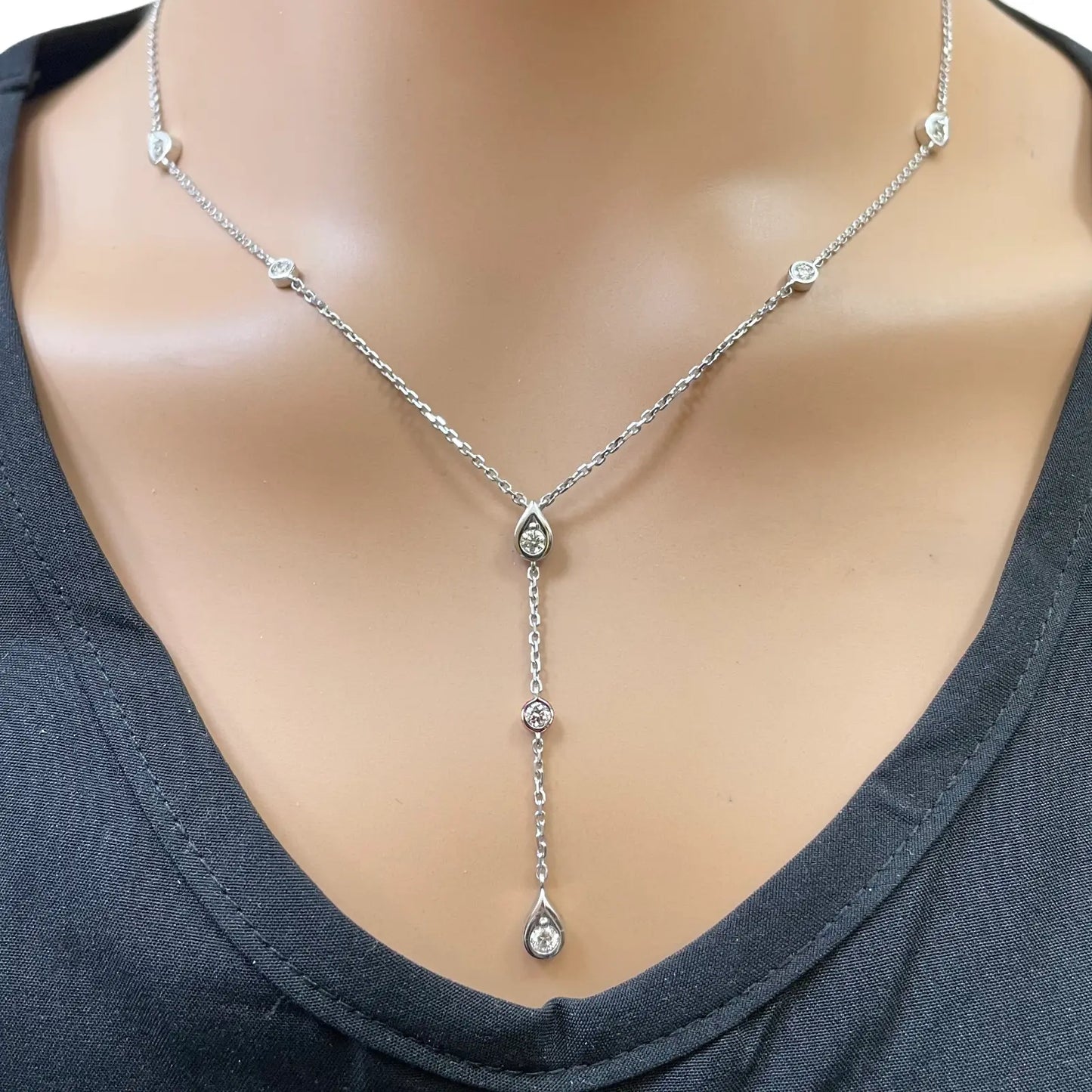 18ct White Gold Natural Diamond Bezel Lariat Y Drop Necklace 0.50ct Diamond Necklace