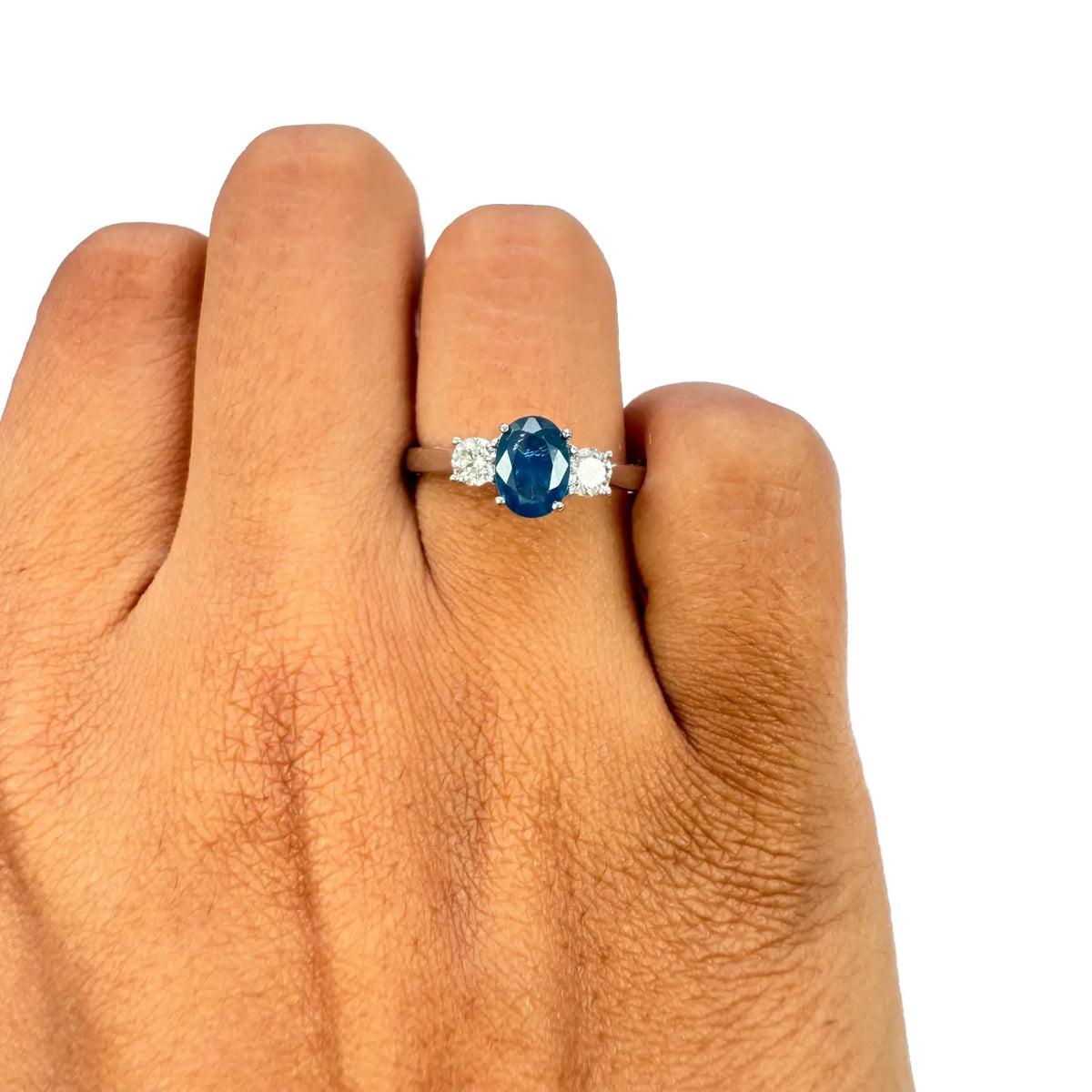 18ct White Gold Natural Oval Blue Sapphire & Round Diamond Trilogy Ring 1.00ct Diamond Ring
