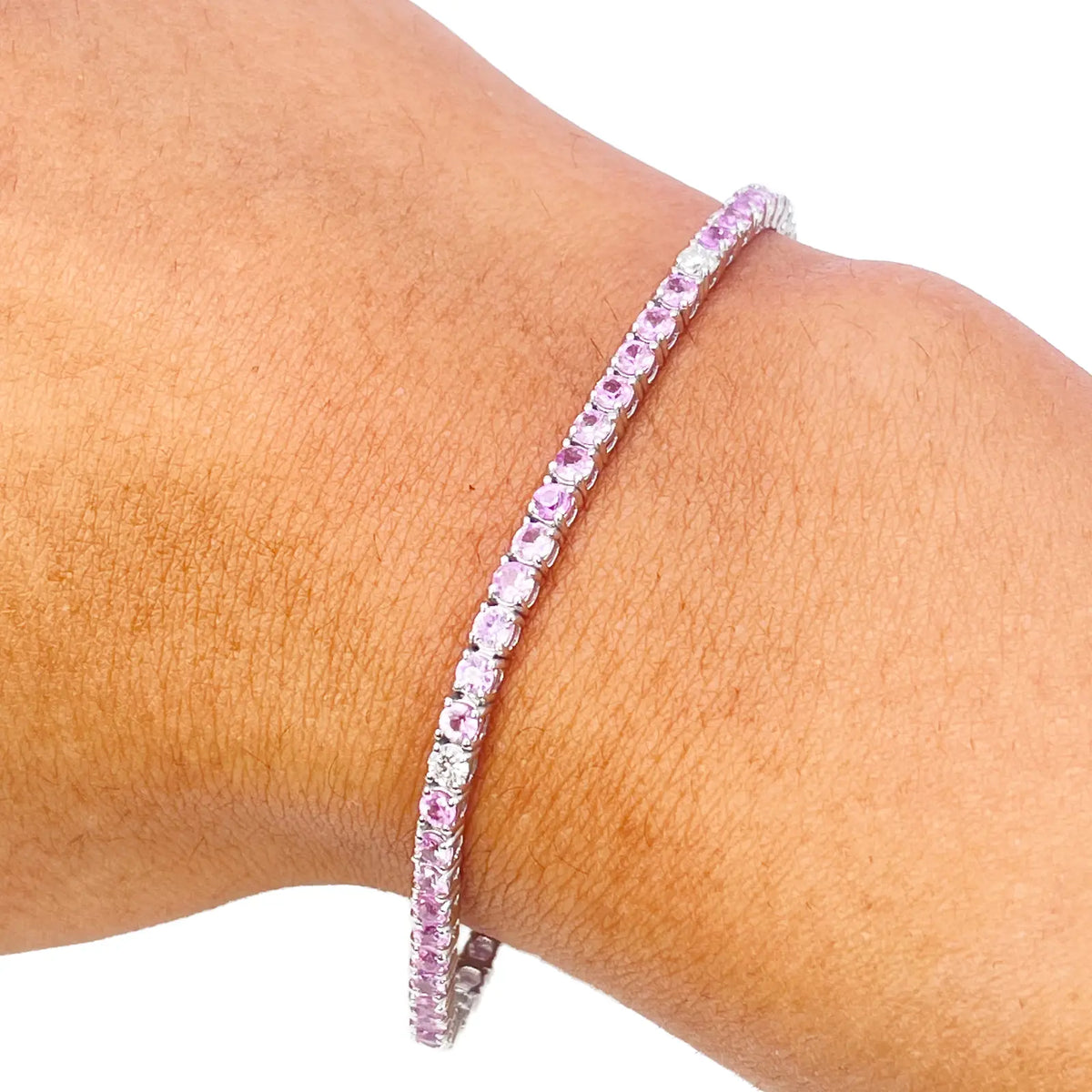 18ct White Gold Natural Round Pink Sapphire & Diamond Tennis Bracelet 4.35ct Diamond Bracelets