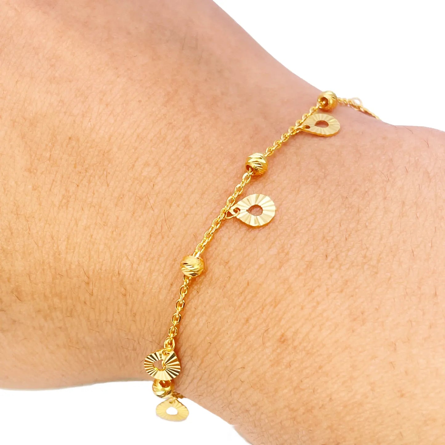 22ct Gold Circle Charm Drop & Diamond Cut Bead Cable Chain Bracelet 7 Inches Gold Bracelets