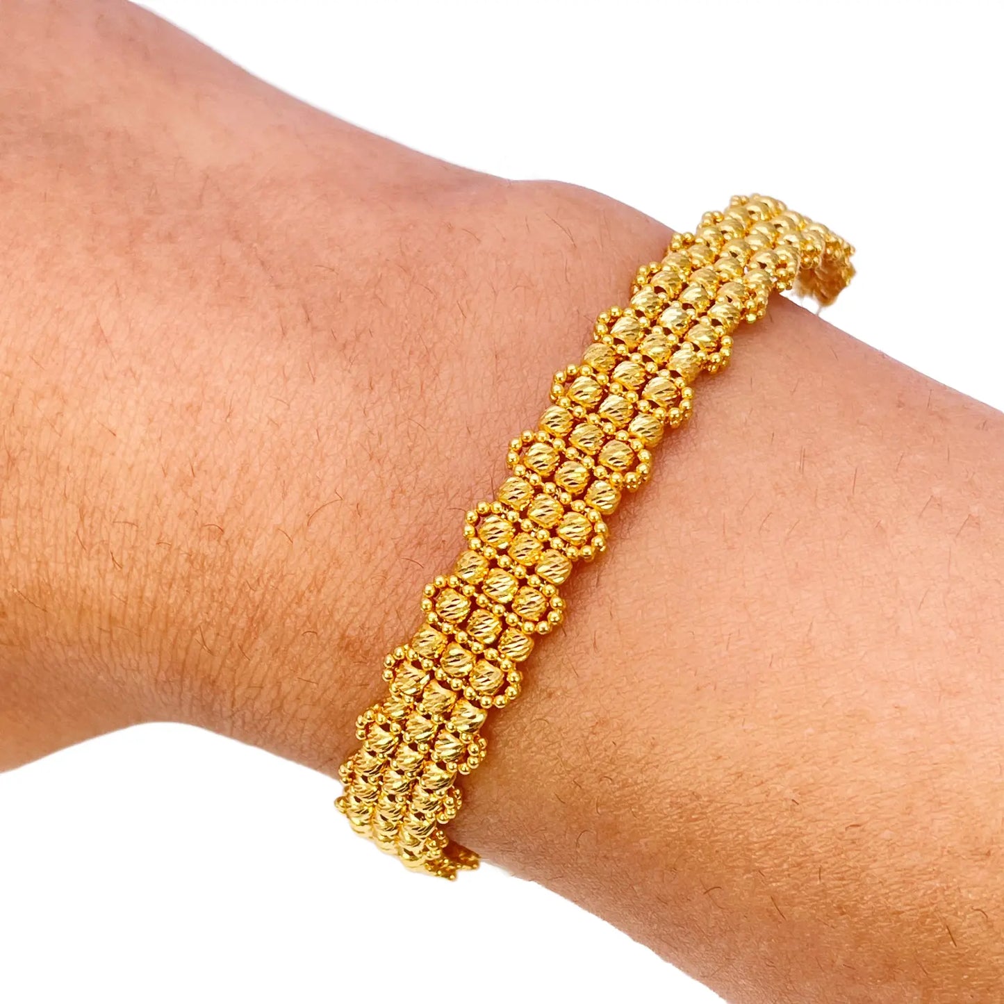 22ct Yellow Gold Diamond-Cut Bead Link Cluster Cuff Bracelet Gold Bracelet