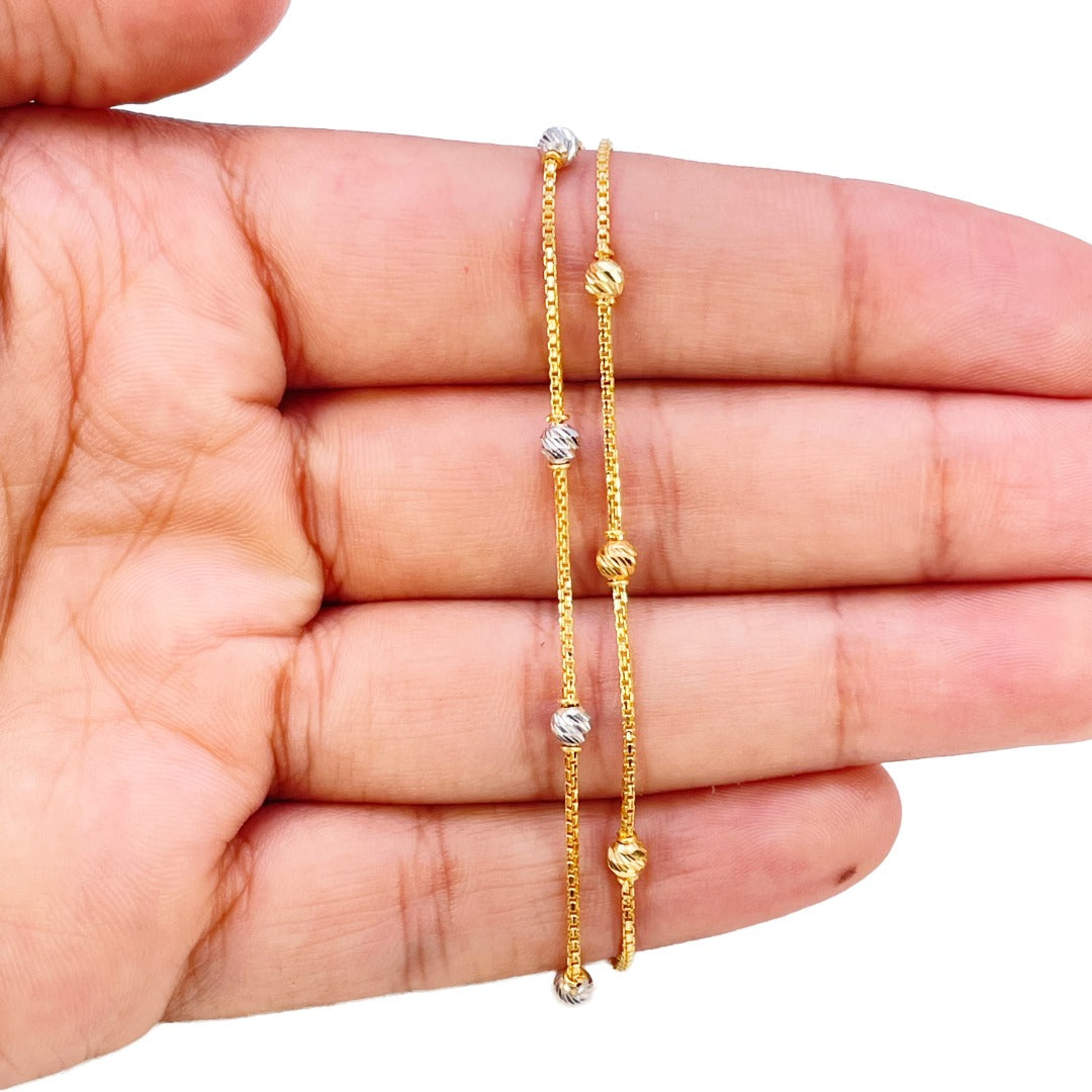 22 kt guldbelagte dobbeltlagskæde med tofarvede diamant-skårne perler armbånd