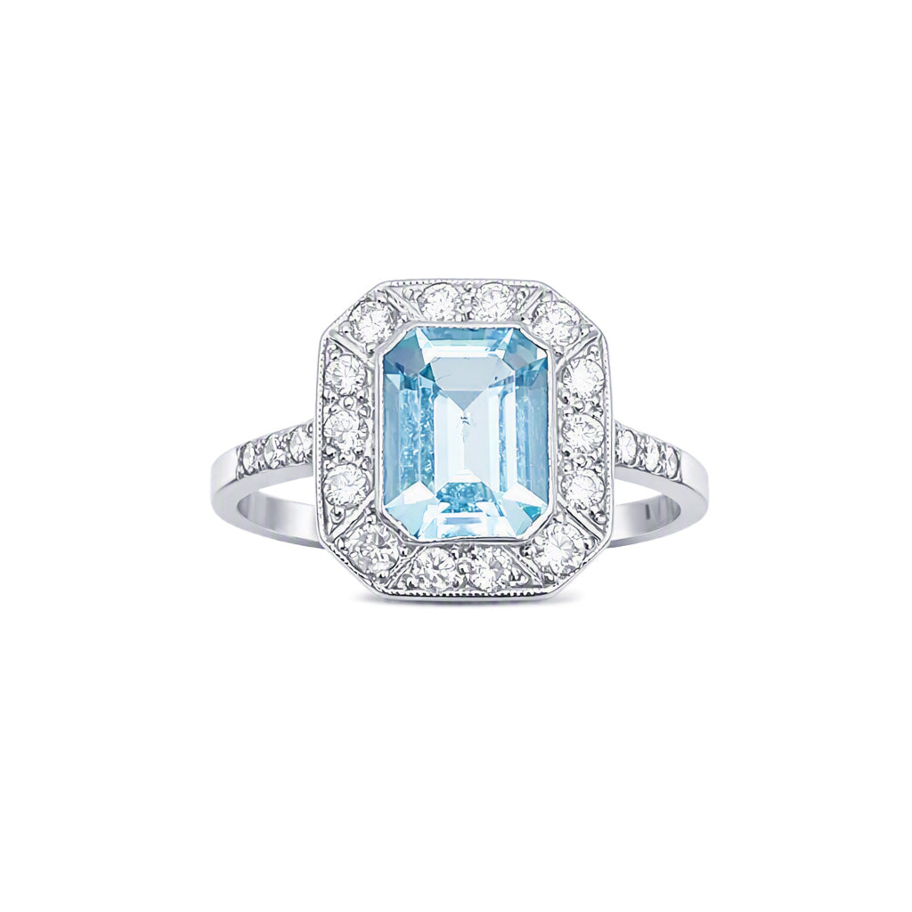 Platinum 950 Emerald Cut Aquamarine Diamond Milgrain Halo Ring Vintage 1.70ct