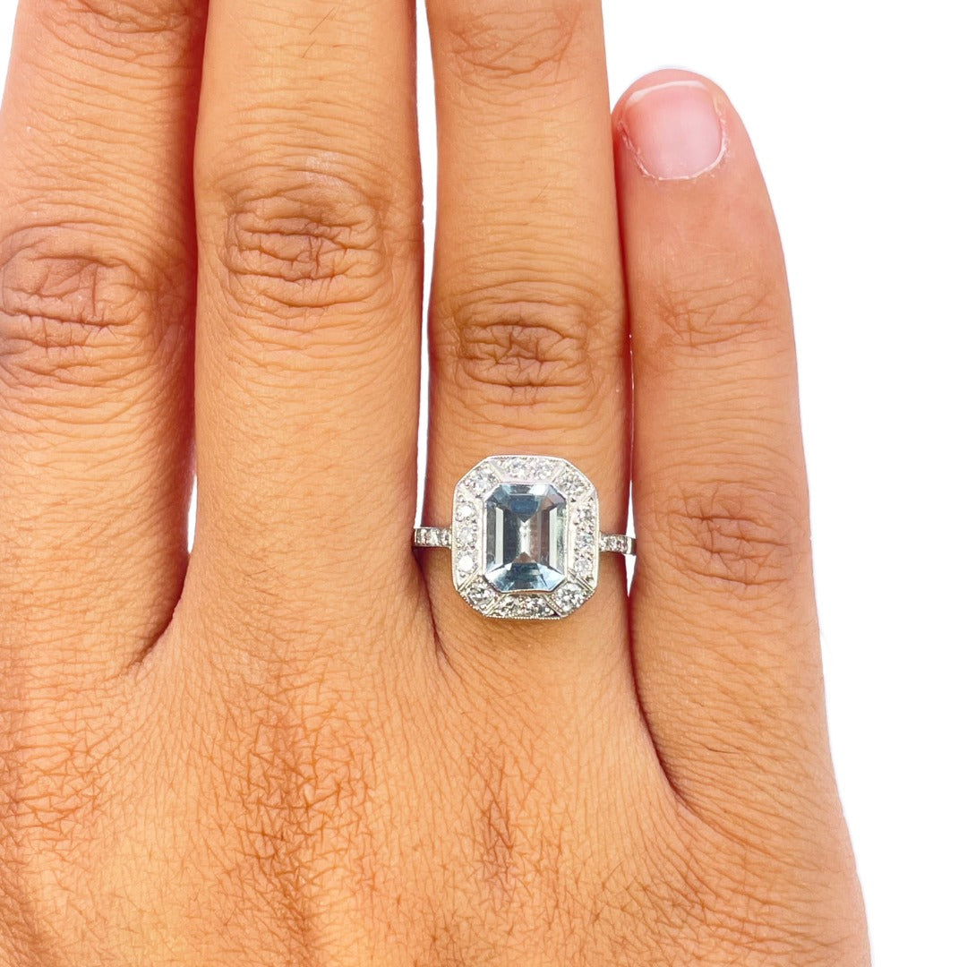 Platinum 950 Emerald Cut Aquamarine Diamond Milgrain Halo Ring Vintage 1.70ct