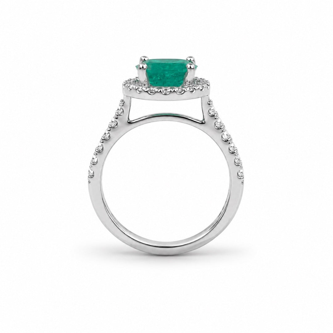 18ct White Gold Natural Zambian Emerald & Diamond Halo Pave Shoulder Ring 2.00ct