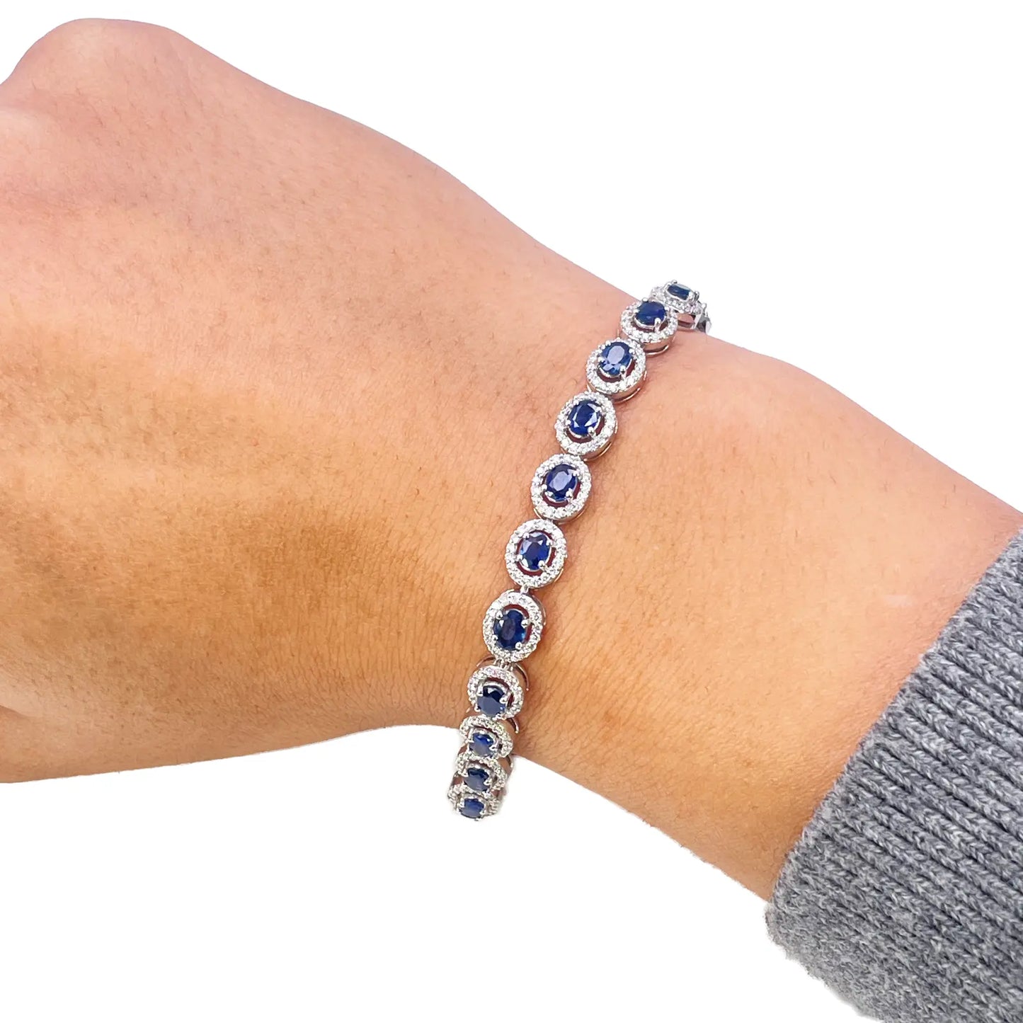 14ct White Gold Diamond & Blue Sapphire Cluster Tennis Bracelet 6.40ct 7 Inches  Diamond Bracelets