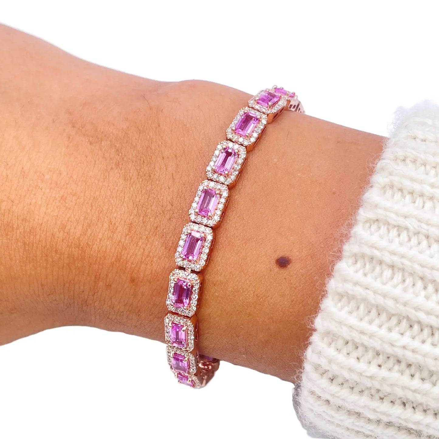 14ct Yellow Gold Diamond & Pink Sapphire Rectangular Halo Tennis Bracelet 9.10ct  Diamond Bracelets