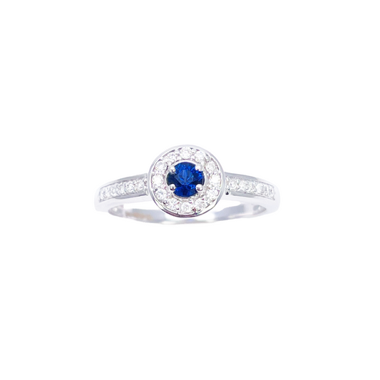 18 kt naturlig blå safir og rund diamant halo halv evigheds ring 0,35 ct