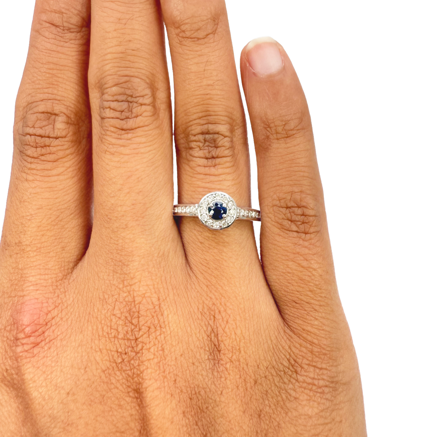 18 kt naturlig blå safir og rund diamant halo halv evigheds ring 0,35 ct