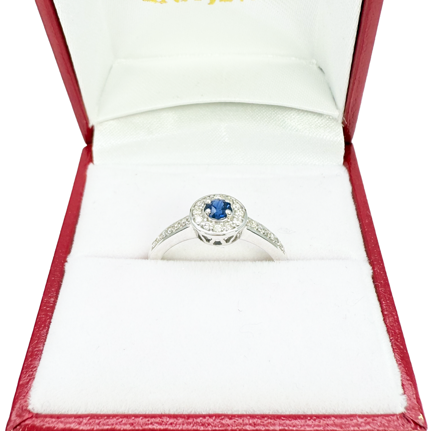 18 kt naturlig blå safir og rund diamant halo halv evigheds ring 0,35 ct