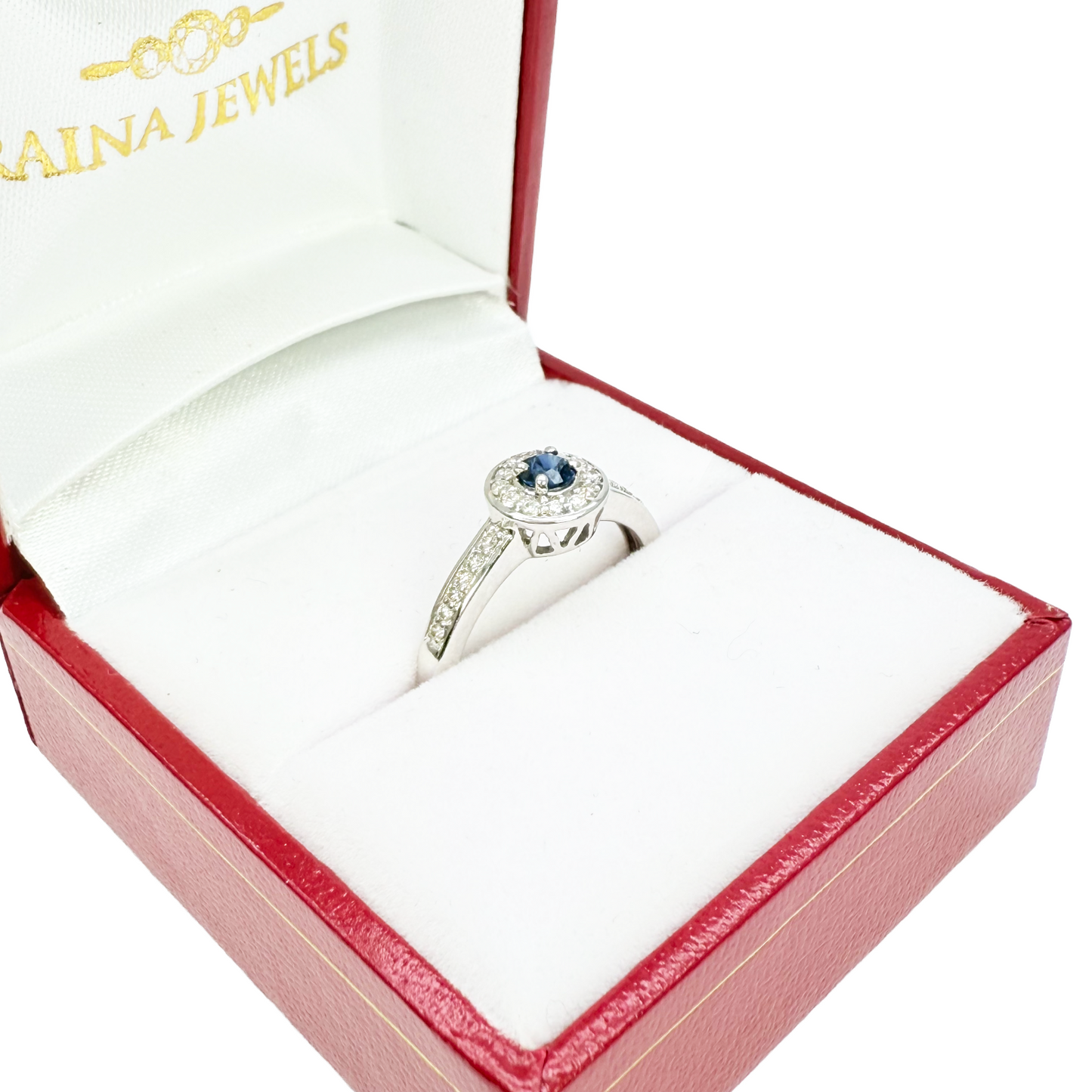18 kt naturlig blå safir og rund diamant halo halv evigheds ring 0,35 ct