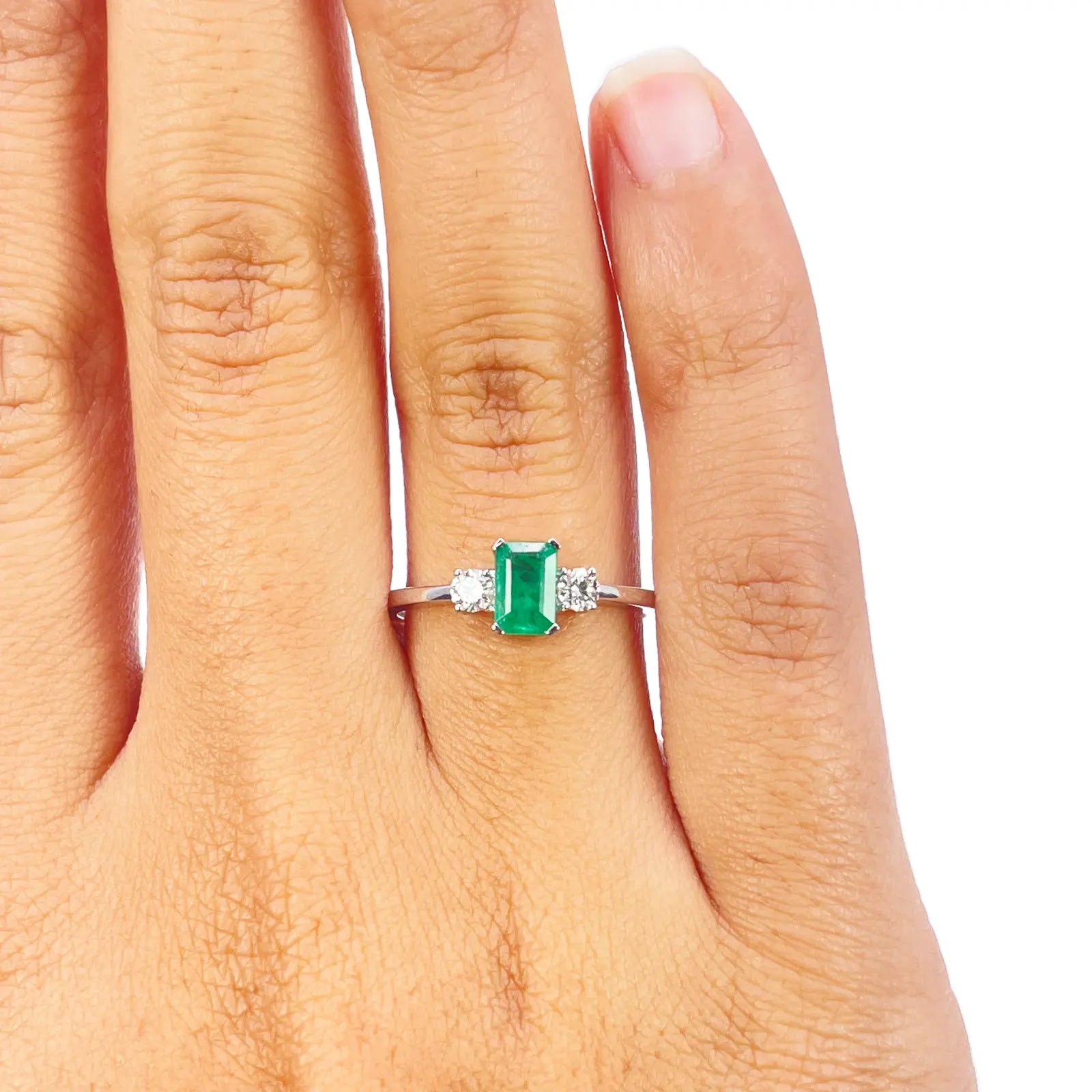 18ct Gold Emerald Diamond Ring Natural Round & Emerald Cut Three-Stone 0.70ct  Diamond Ring