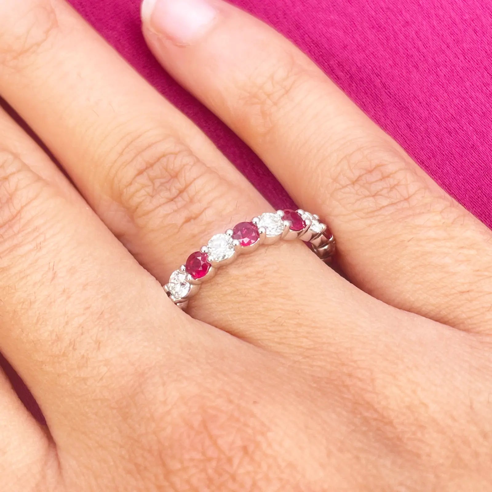 18ct Gold Natural Round Diamond & Ruby Half Eternity Stackable Band 1.05ct  Diamond Ring