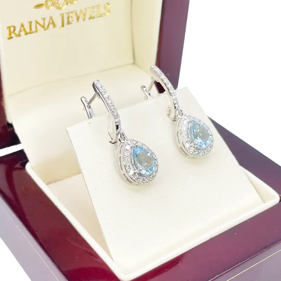 18ct White Gold Diamond & Blue Aquamarine Pear Halo Hoop Earrings 1.58ct 