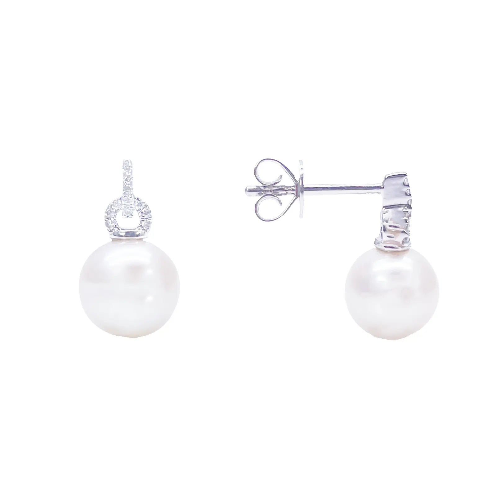 18ct White Gold Freshwater Pearl & Diamond Drop Pair Earrings 0.05ct 