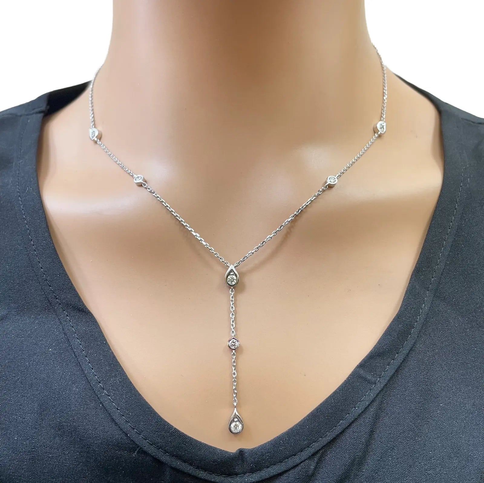 18ct White Gold Natural Diamond Bezel Lariat Y Drop Necklace 0.50ct  Diamond Necklace