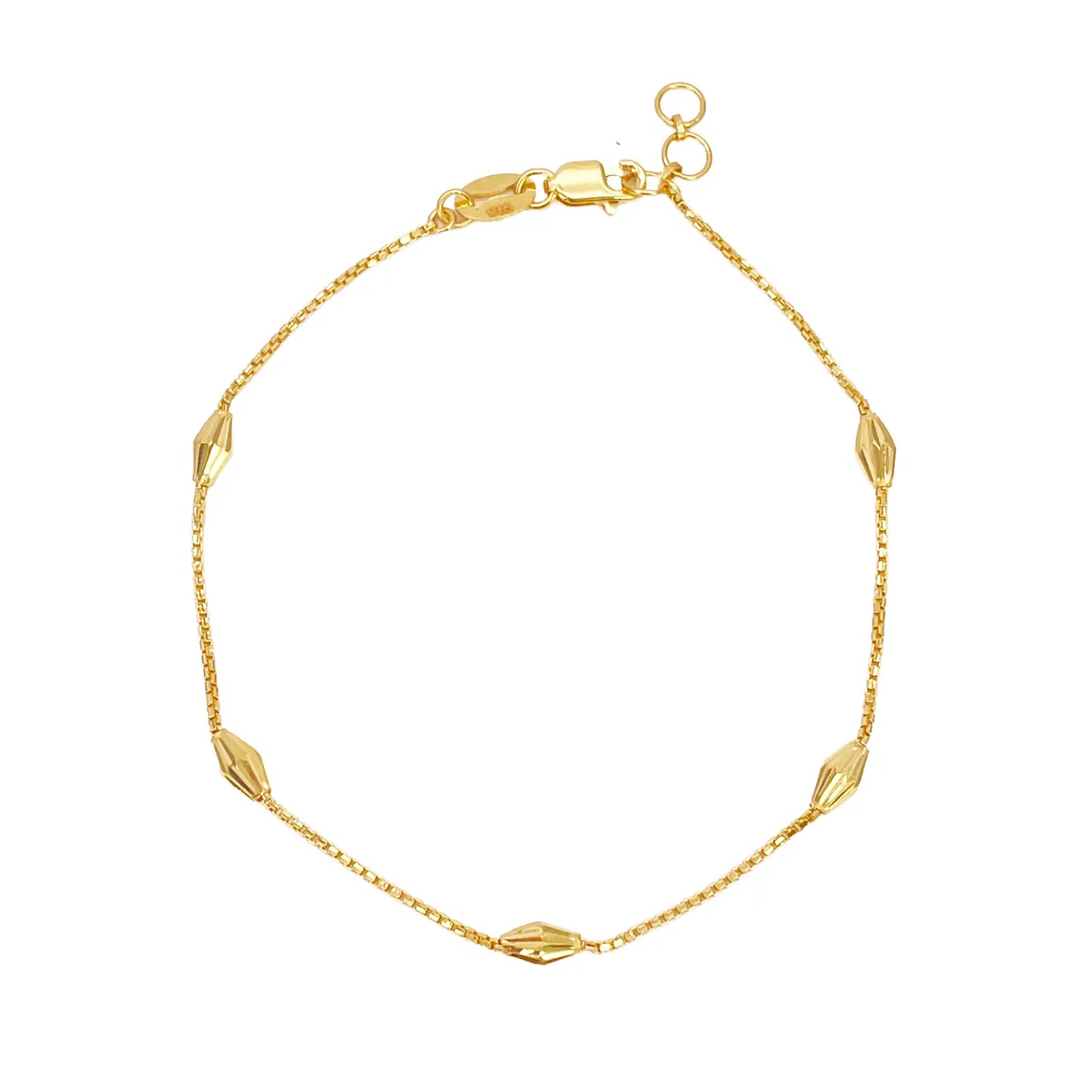22ct Gold Beaded Bracelet Five Diamond Cut Marquise Shape Beads Box Chain 7 Inch¬†