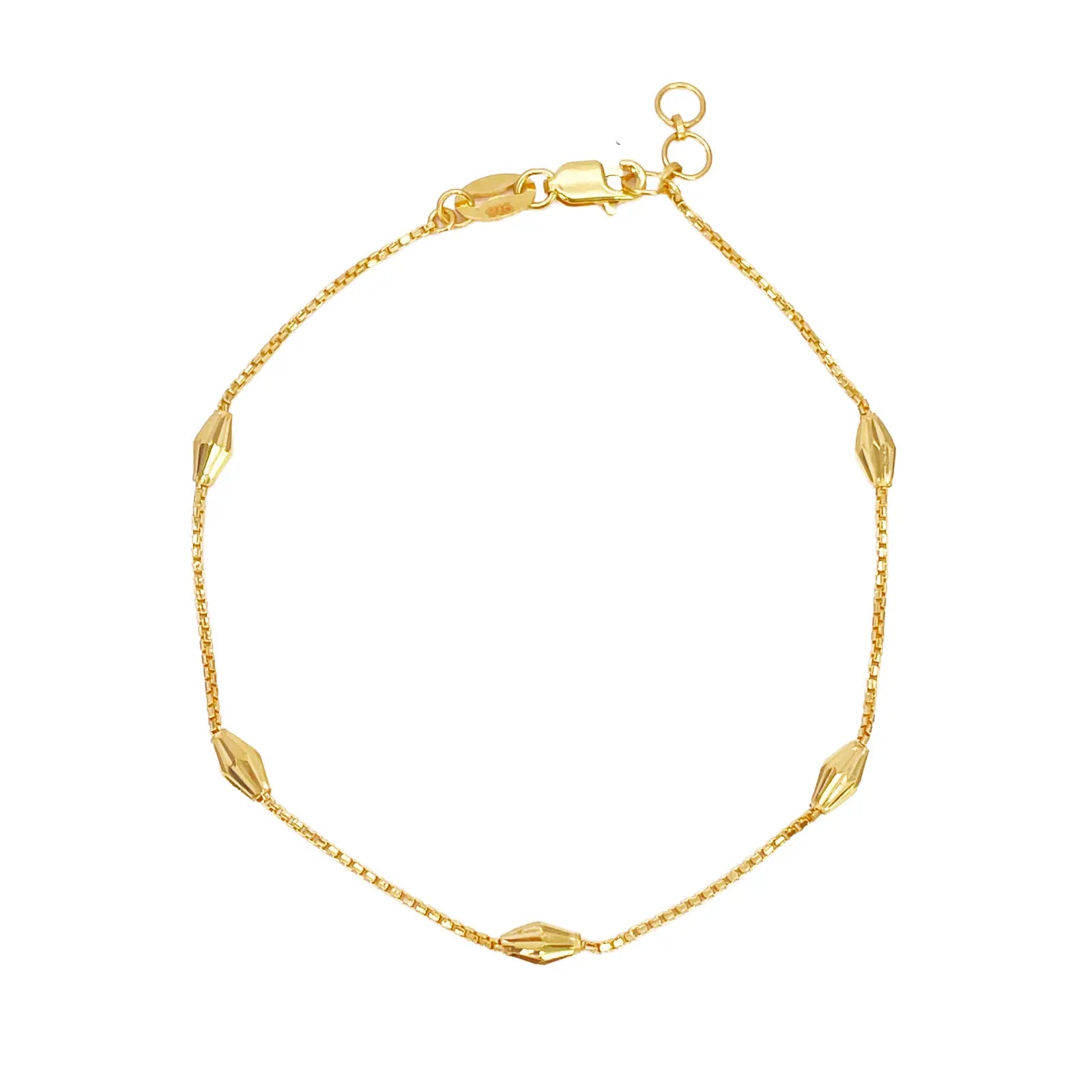 22ct Gold Beaded Bracelet Five Diamond Cut Marquise Shape Beads Box Chain 7 Inch¬†