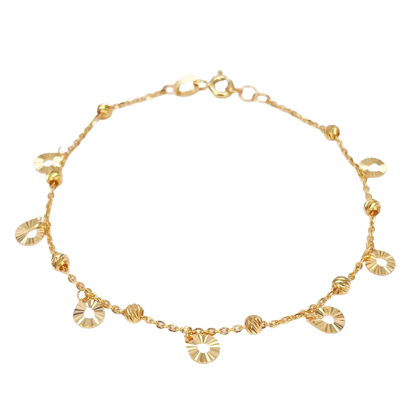 22ct Gold Circle Charm Drop & Diamond Cut Bead Cable Chain Bracelet 7 Inches  Gold Bracelets