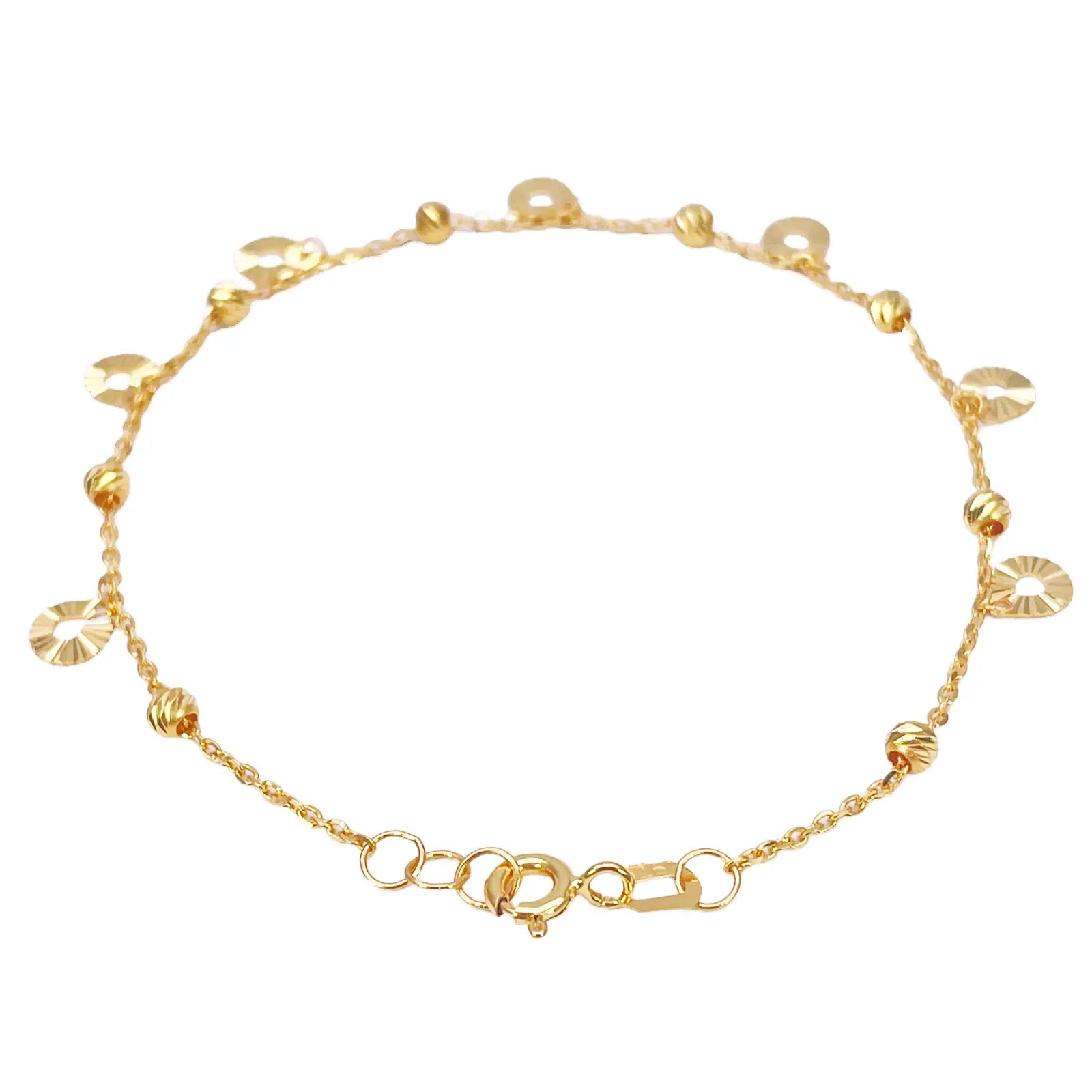 22ct Gold Circle Charm Drop & Diamond Cut Bead Cable Chain Bracelet 7 Inches  Gold Bracelets