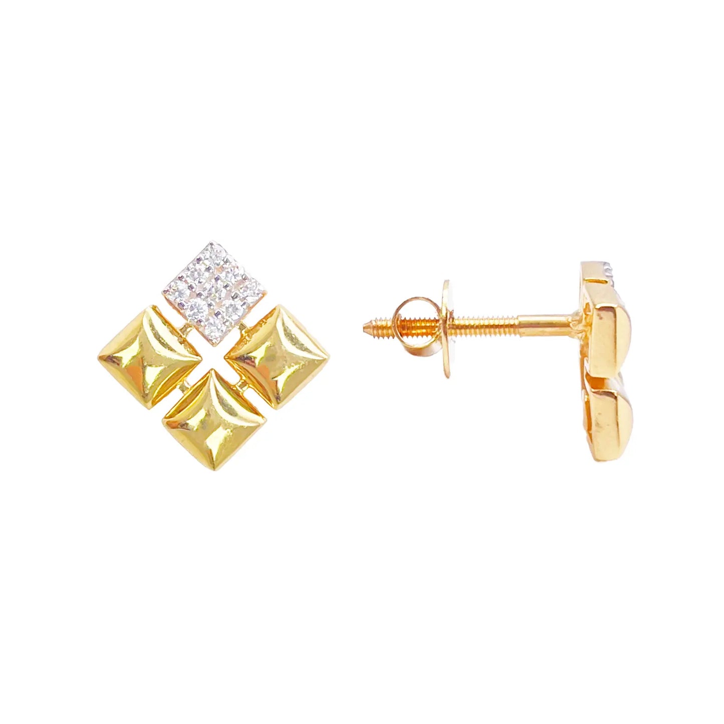 22ct Gold Pyramid Cubic Zirconia Stud Earrings Elegant Geometric Design High Polished 11x11mm 