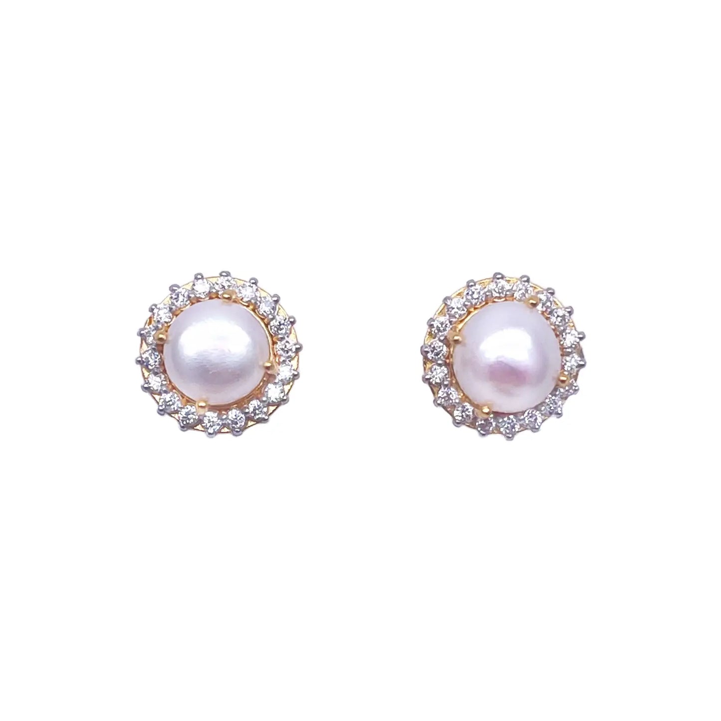 22ct Yellow Gold Claw Set Freshwater Pearl & Cubic Zirconia Pair Stud Earrings 