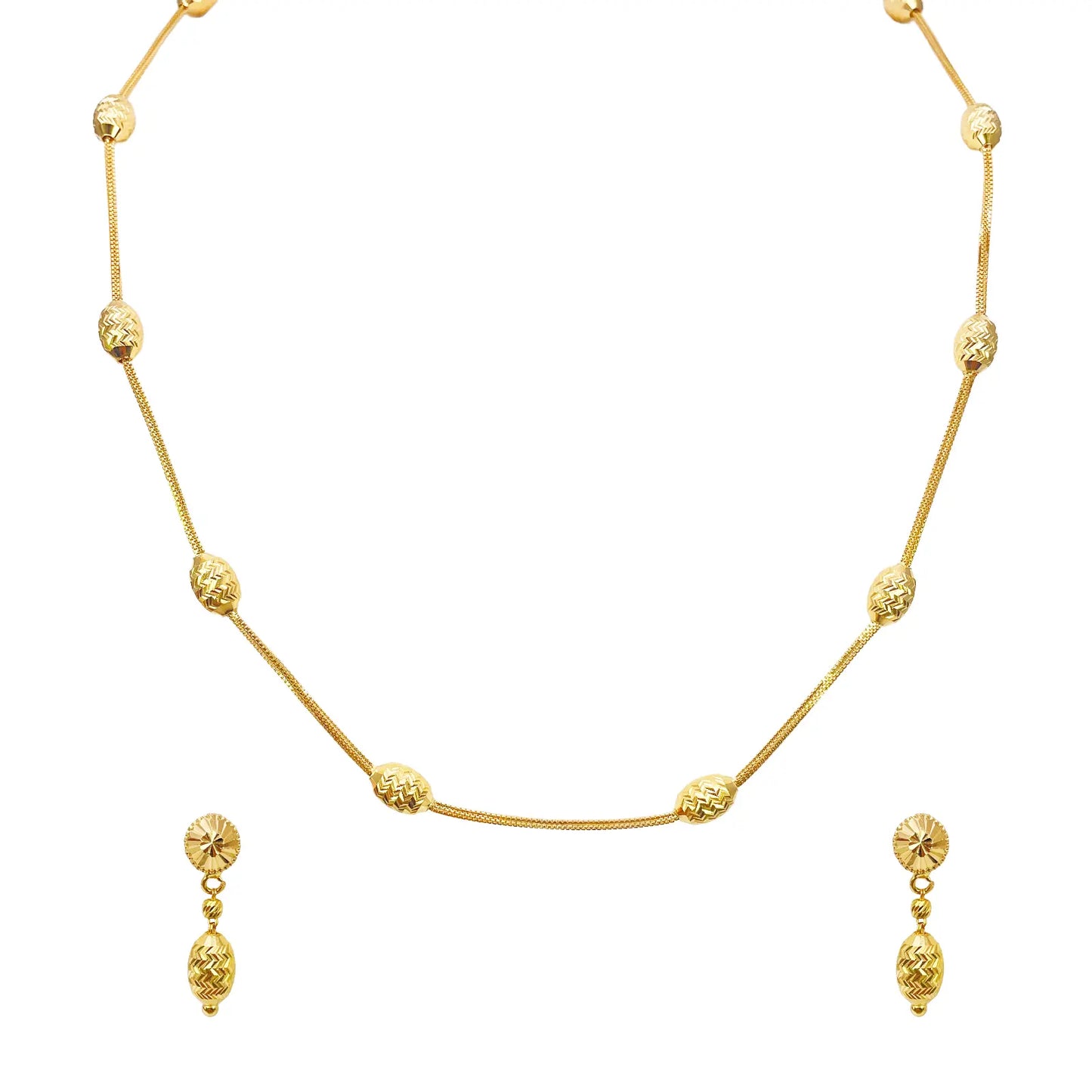 22ct Yellow Gold Diamond Cut Beaded Slip-On Necklace & Matching Drop Earrings 