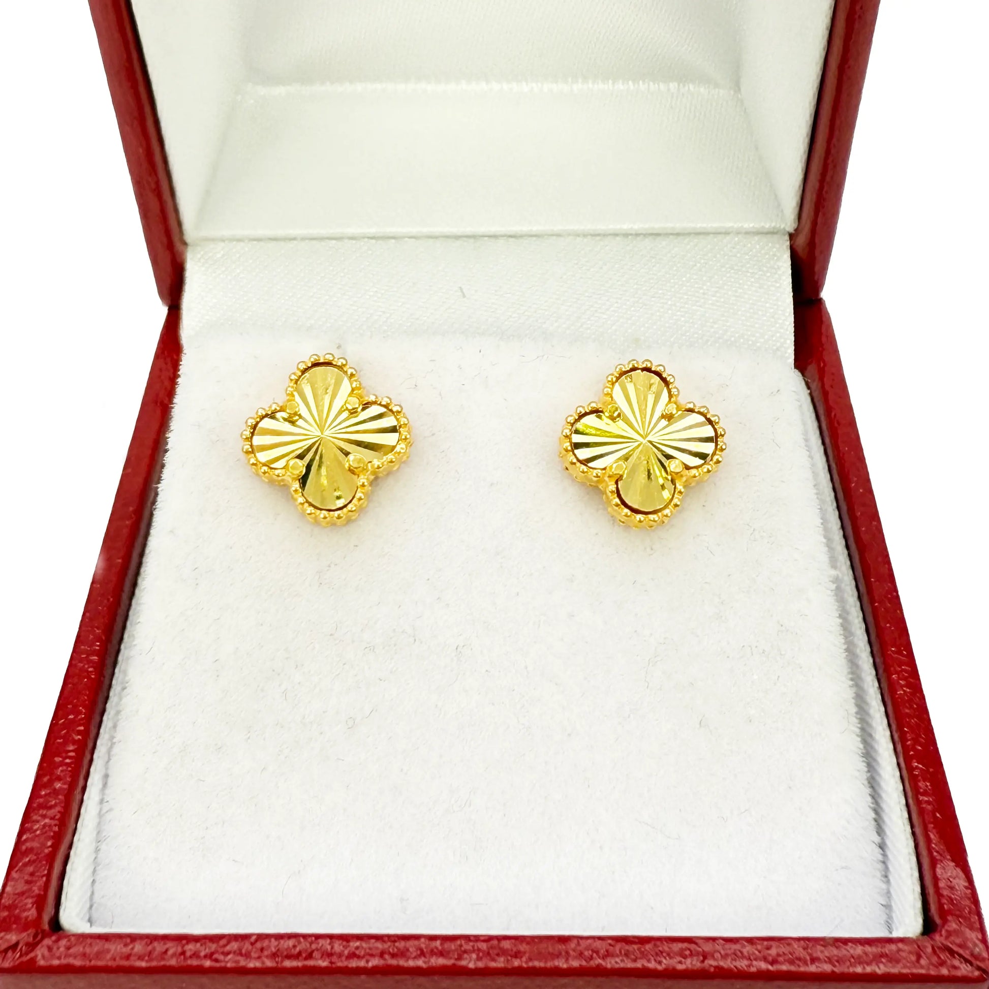 22ct Yellow Gold Small Diamond Cut Clover Stud Earrings 9mm Width 