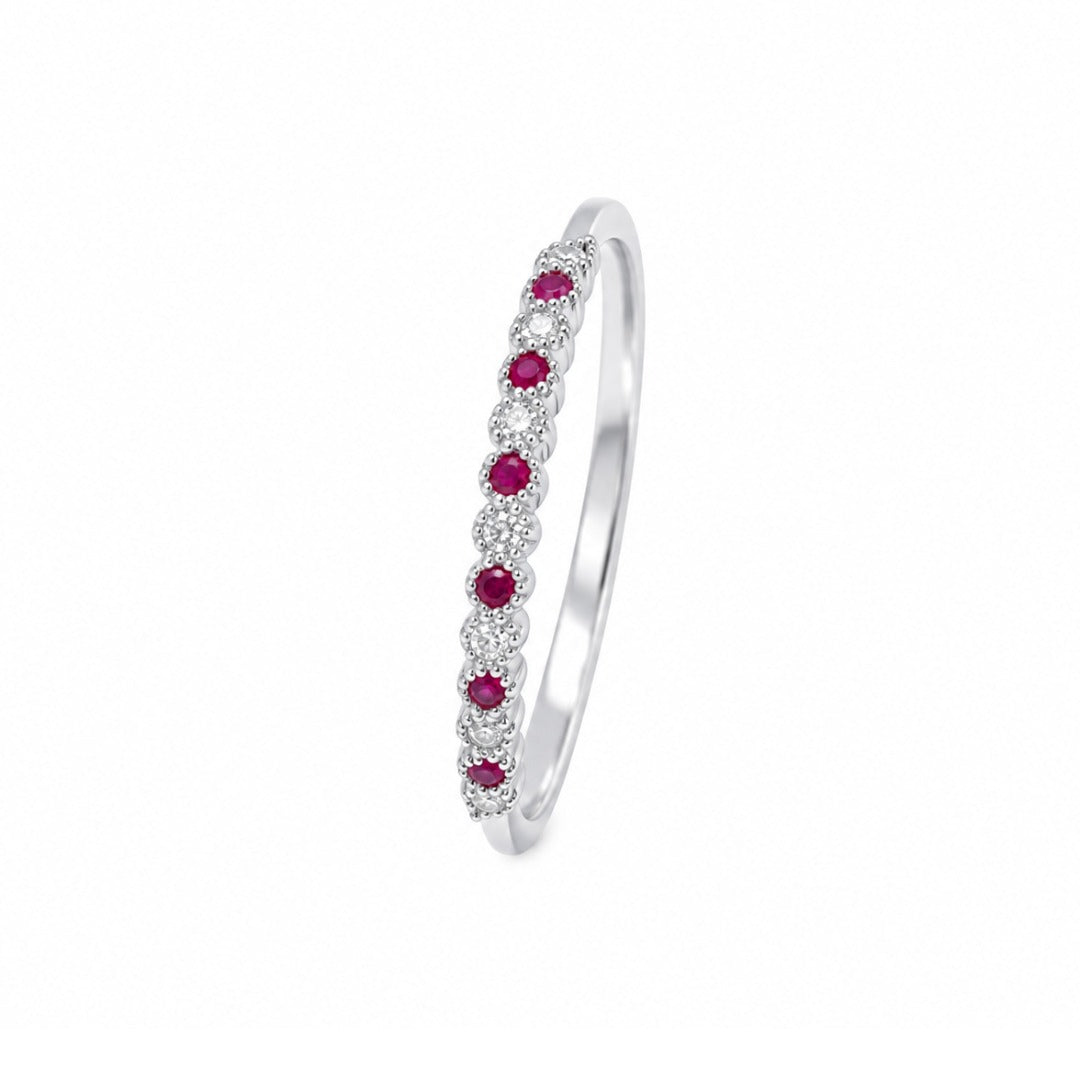 18ct White Gold Diamond & Ruby Half Eternity Milgrain Stackable Band 0.09ct