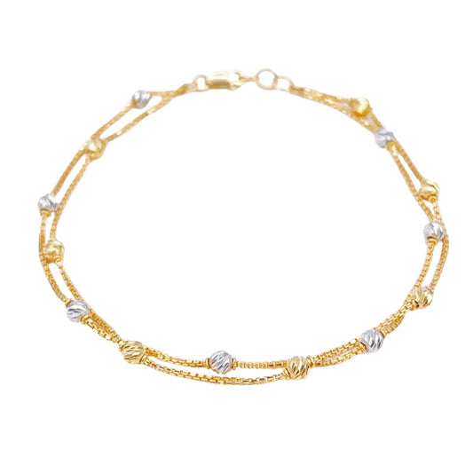22 kt guldbelagte dobbeltlagskæde med tofarvede diamant-skårne perler armbånd