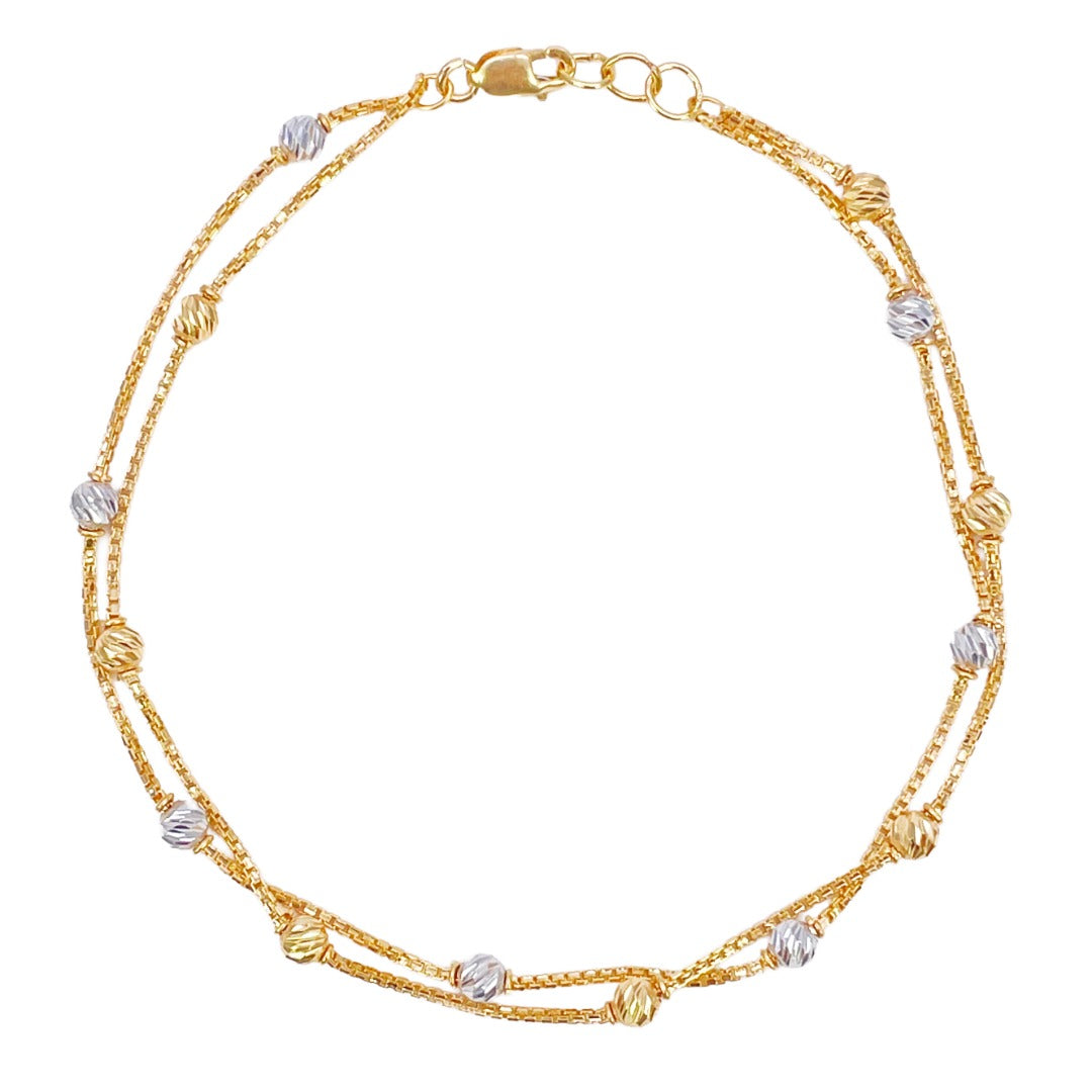 22 kt guldbelagte dobbeltlagskæde med tofarvede diamant-skårne perler armbånd