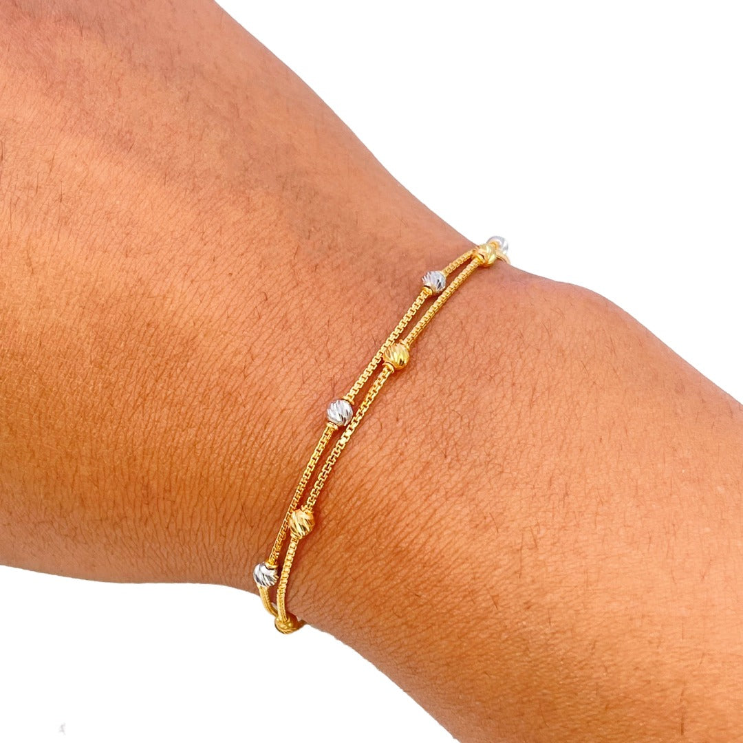 22 kt guldbelagte dobbeltlagskæde med tofarvede diamant-skårne perler armbånd