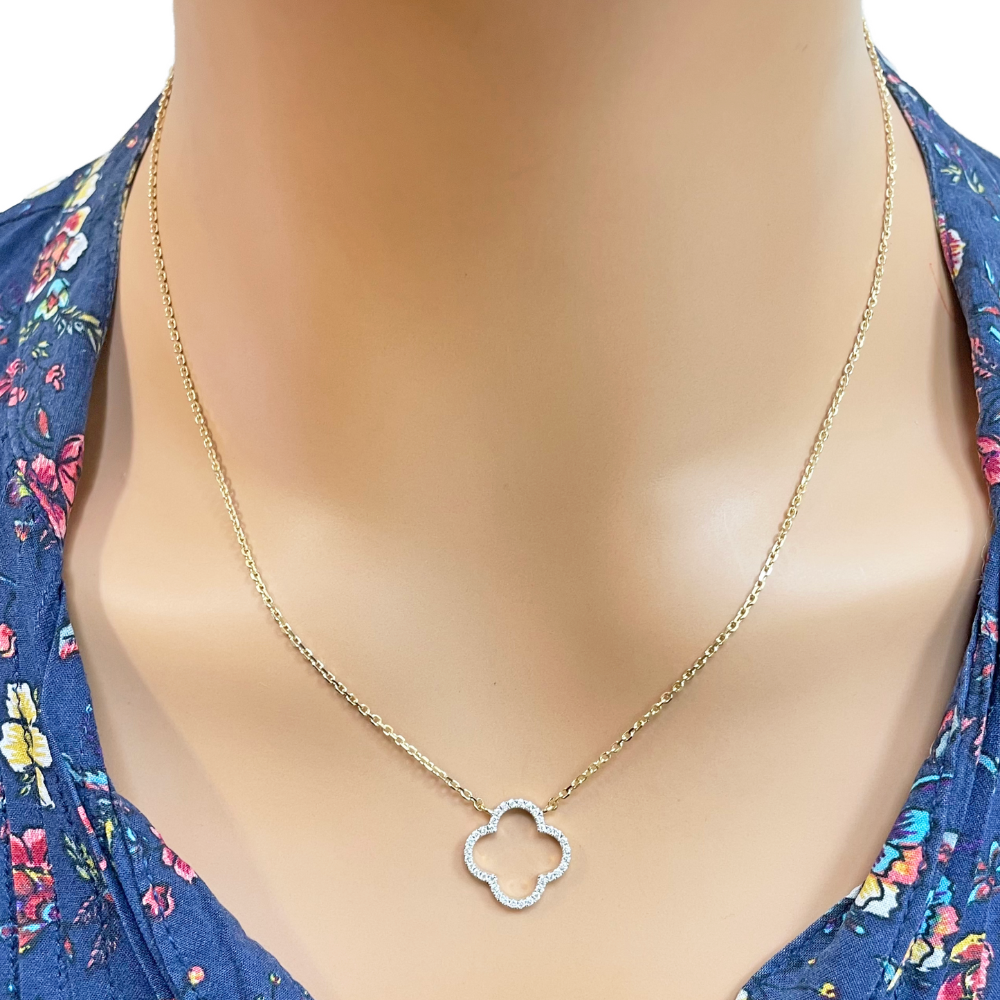 14 kt guldbelagt elegant åben blomst diamant halskæde 0,15 ct 18 tommer