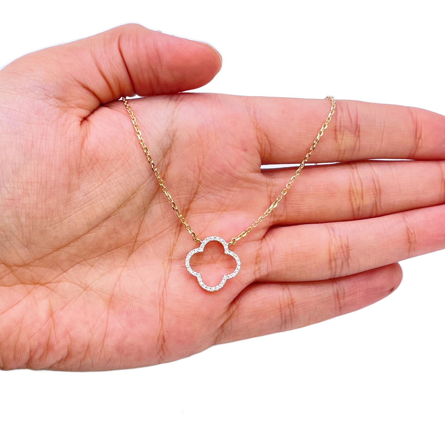 14 kt guldbelagt elegant åben blomst diamant halskæde 0,15 ct 18 tommer