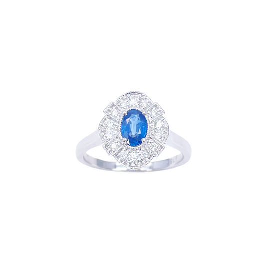 18 kt hvidguld oval blå safir og diamant klynge milgrain ring 0,65 ct
