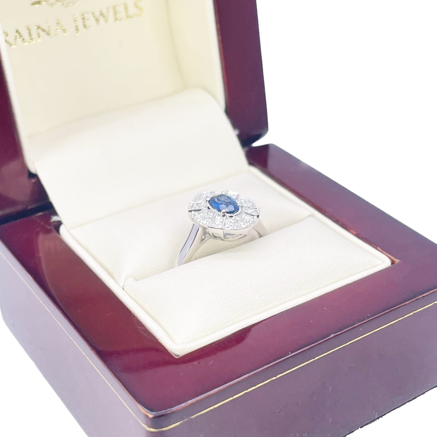 18 kt hvidguld oval blå safir og diamant klynge milgrain ring 0,65 ct
