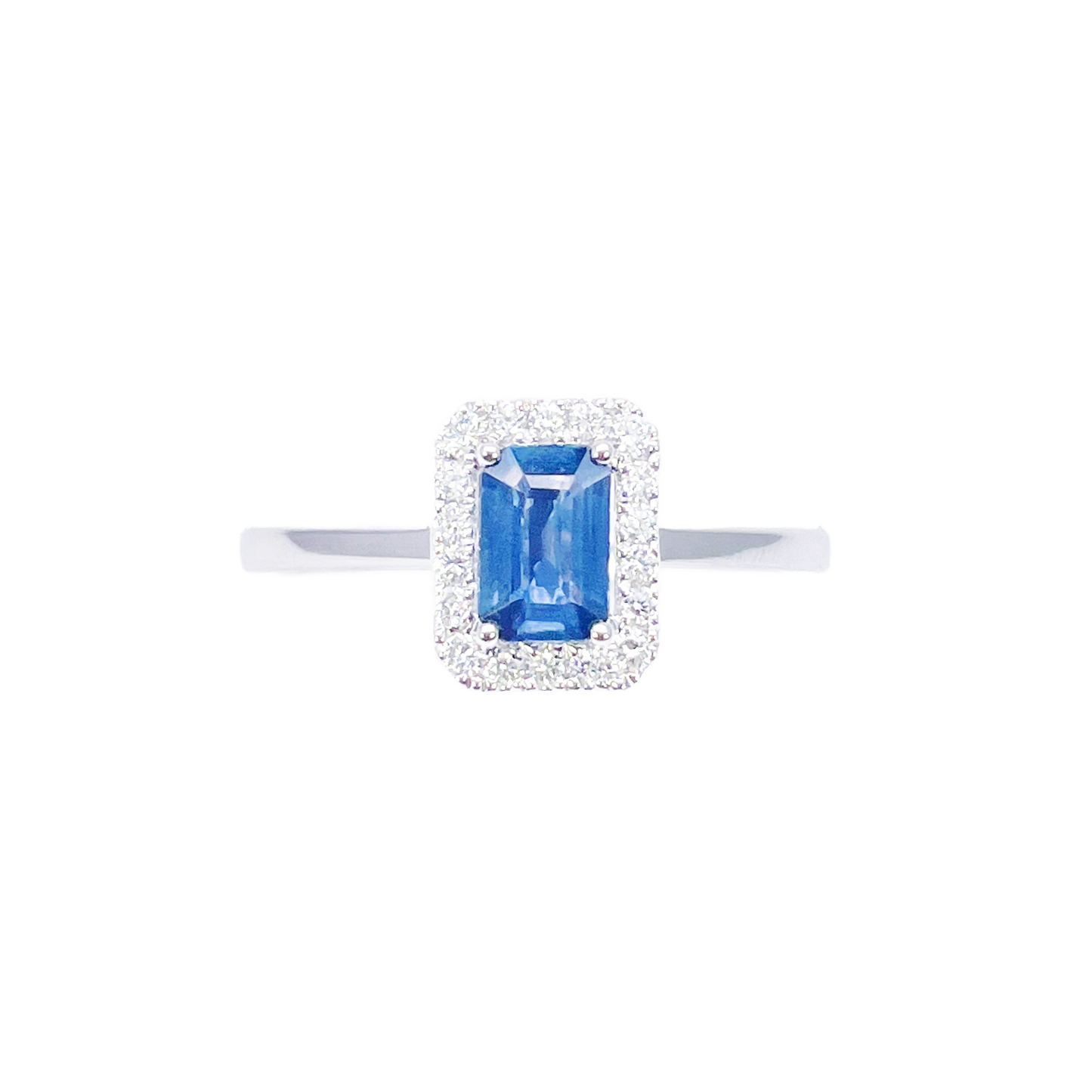18 kt hvidguld smaragdslibet blå safir- og diamant-halo-ring 0,79 ct