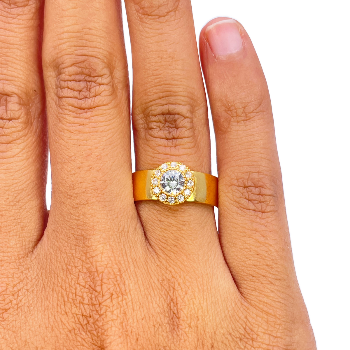 22 kt guld cubic zirconia halo ring, højpoleret, 8,6 mm bred