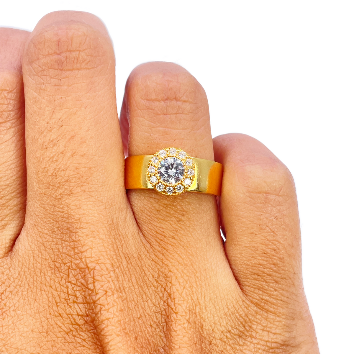22 kt guld cubic zirconia halo ring, højpoleret, 8,6 mm bred