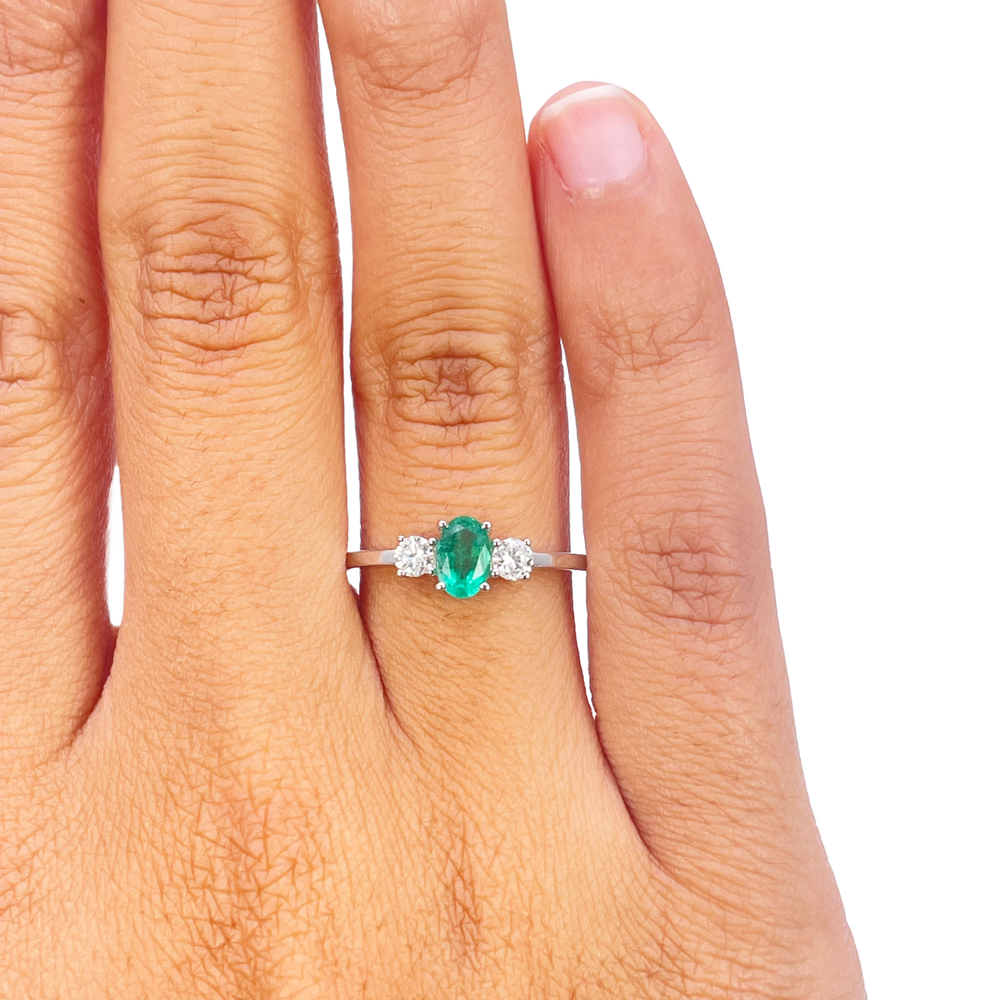 18kt guld smaragd diamant ring naturlig rund & oval slibning tre-sten 0,60ct