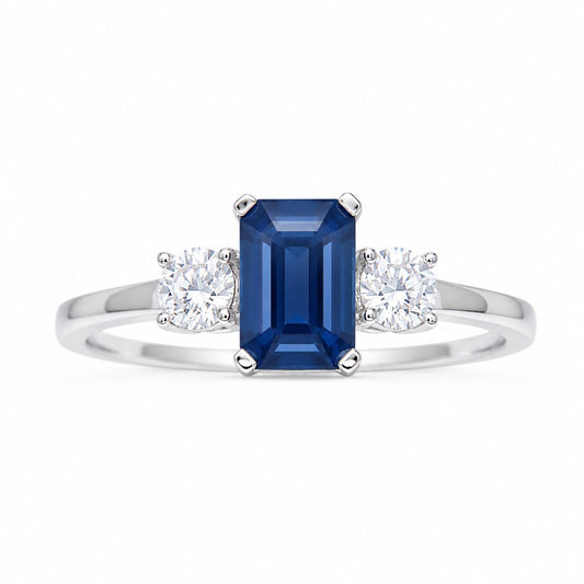 18kt guld safir diamant ring naturlig rund & smaragd slibning tre-sten 1,47ct