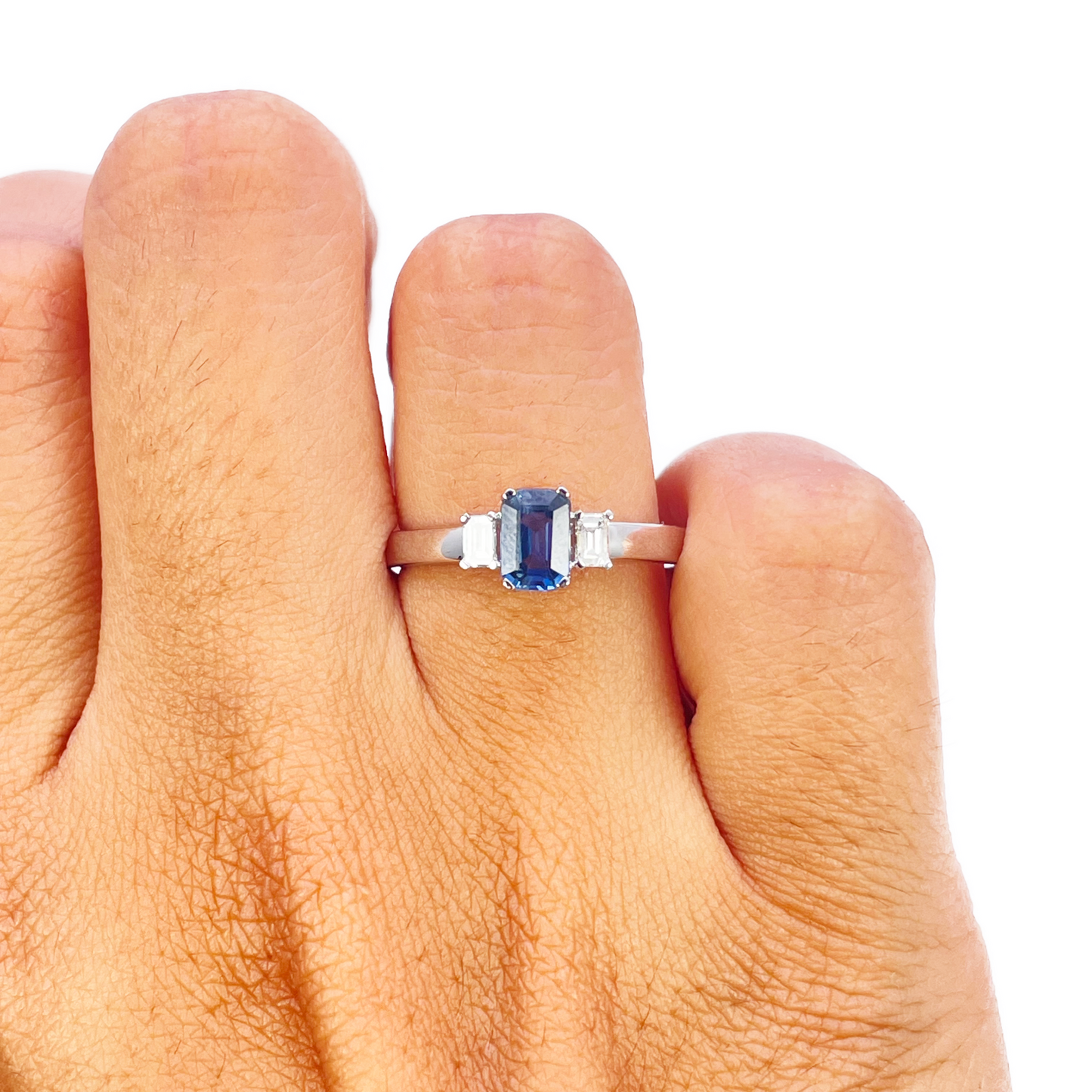 18kt guld safir diamant ring naturlig baguette & smaragd slibning 0,86ct