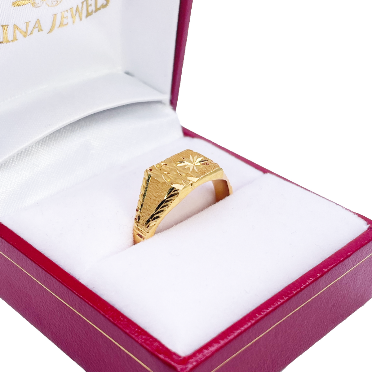 22kt guld firkantet signetring tekstureret & højpoleret diamant slebet ring 8,4mm bredde