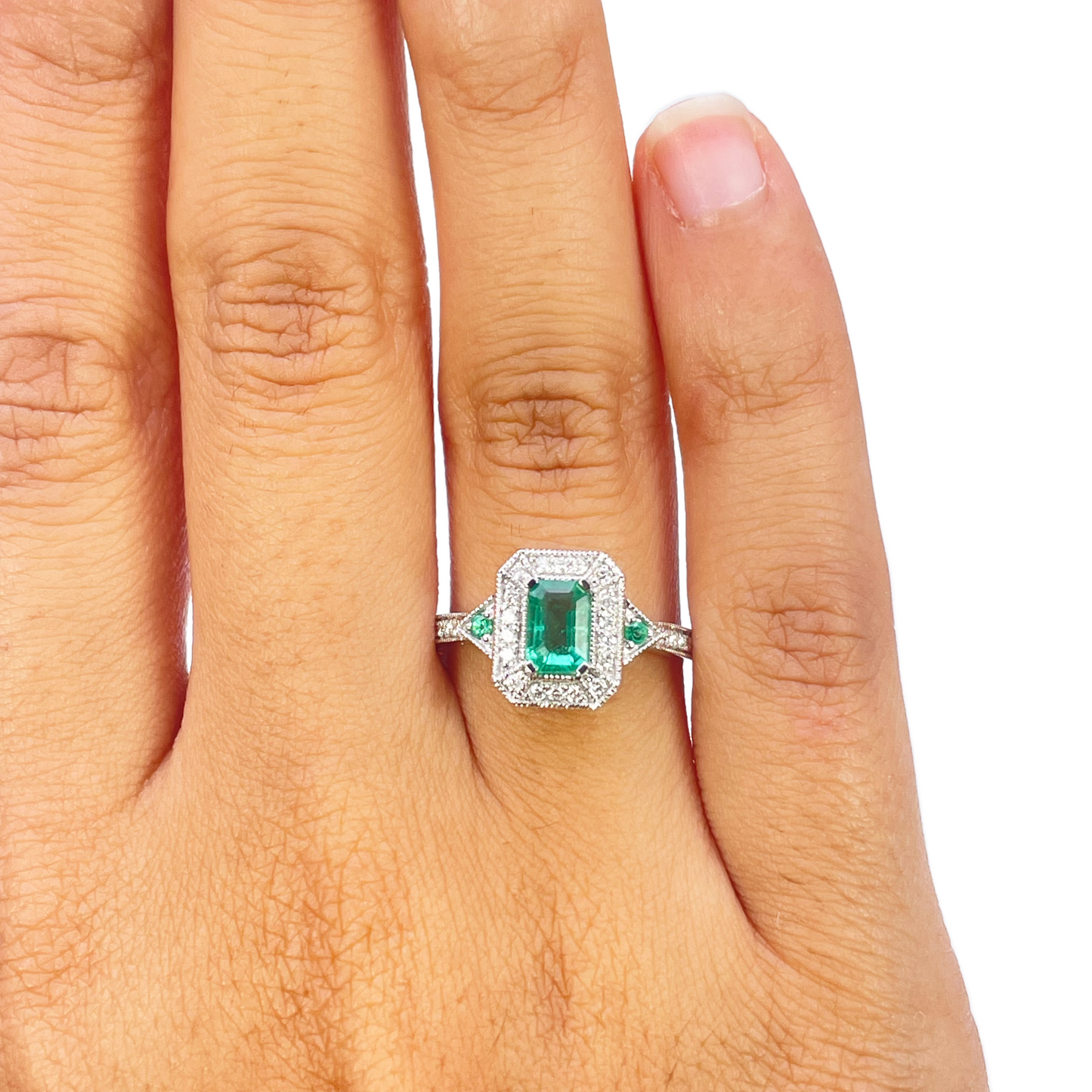 18kt guld naturlig smaragd diamant ring rund & smaragd slibning 0,80ct