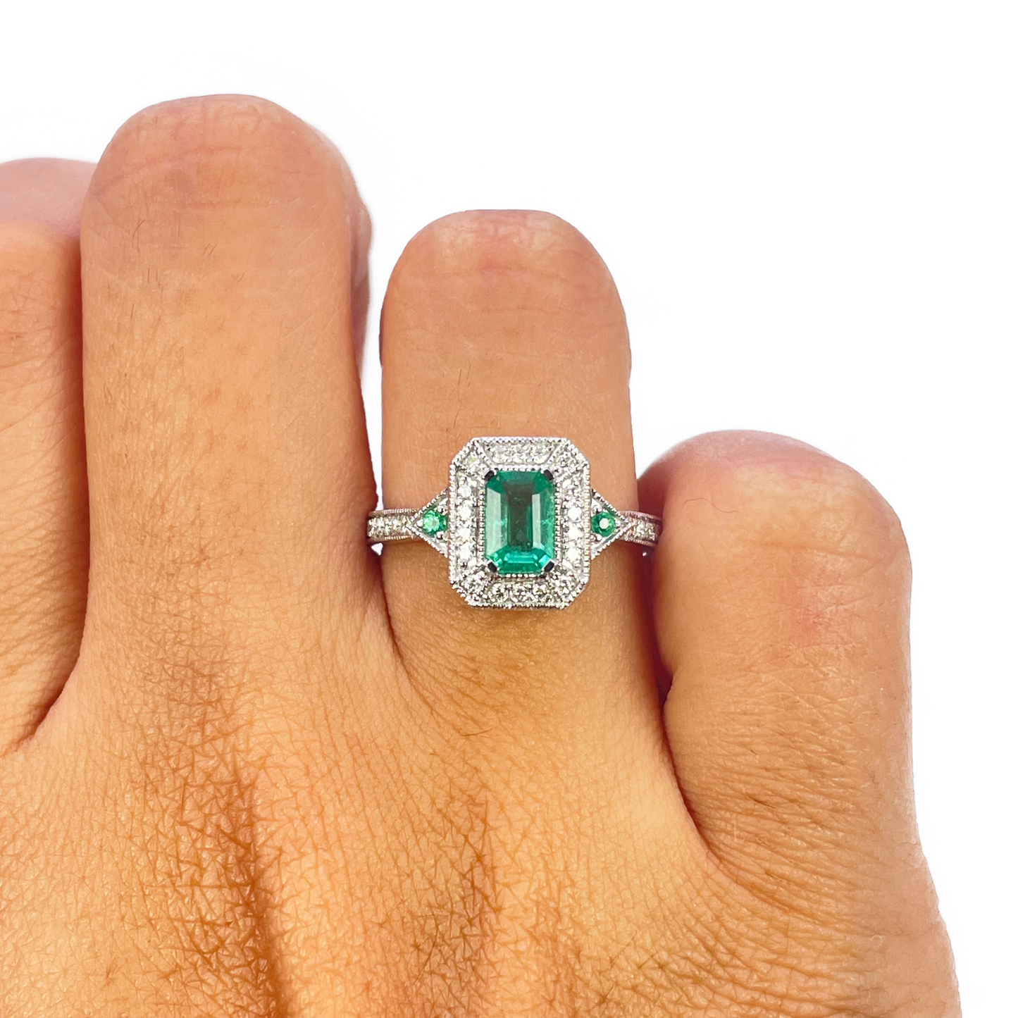 18kt guld naturlig smaragd diamant ring rund & smaragd slibning 0,80ct