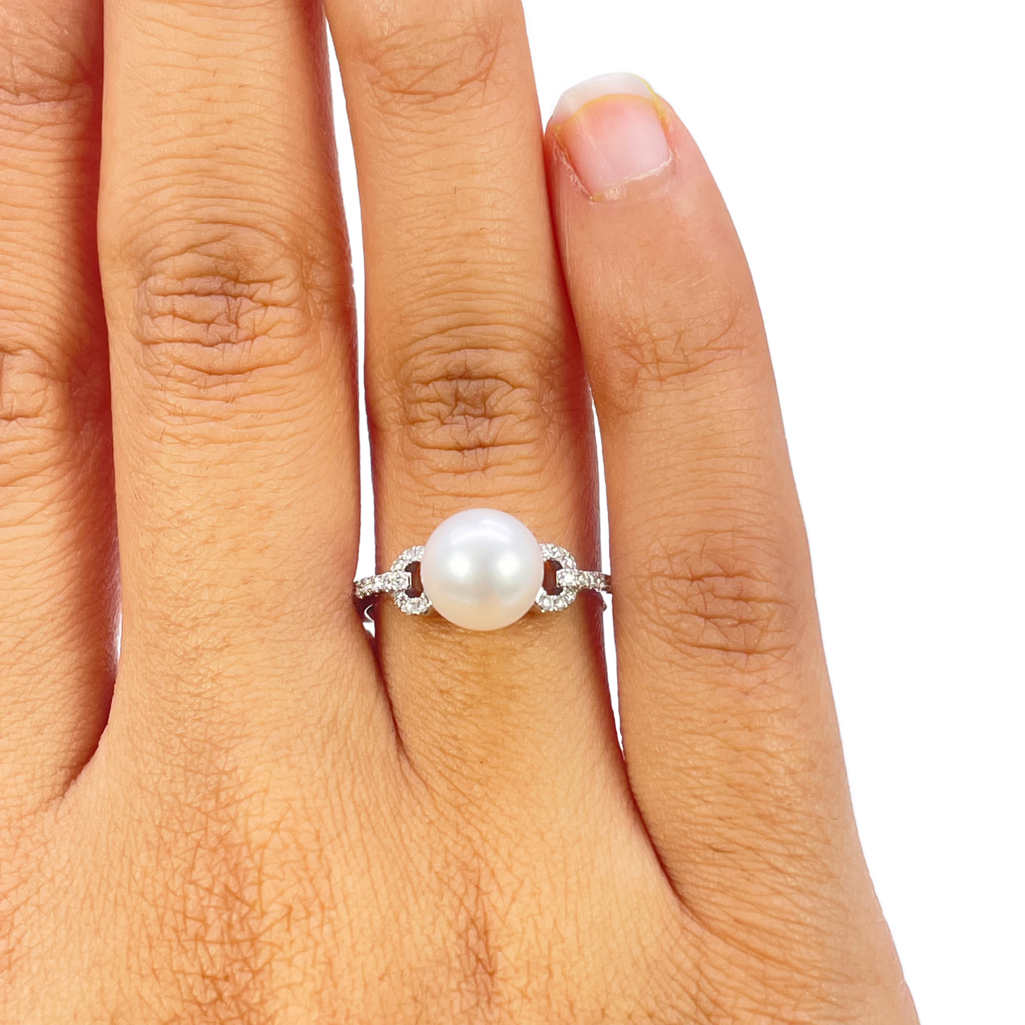 18kt guld ferskvandsperle diamant ring naturlig rund 0,10ct