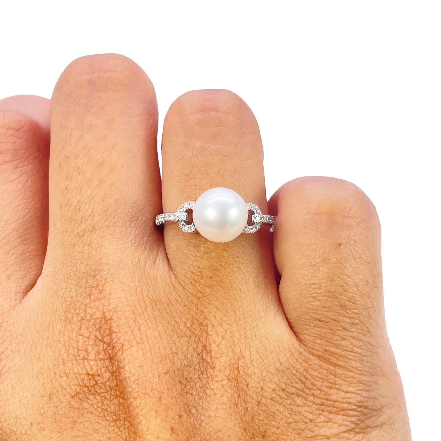 18kt guld ferskvandsperle diamant ring naturlig rund 0,10ct