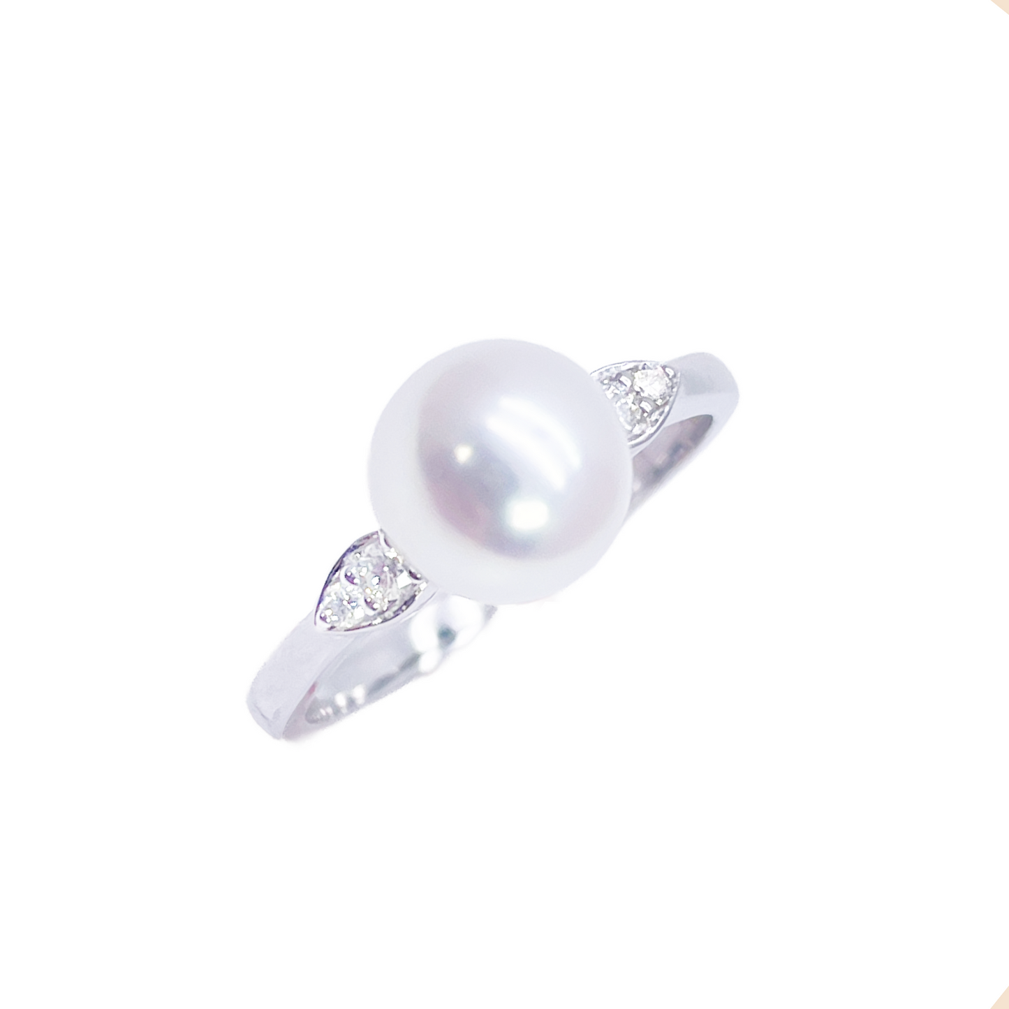 18kt guld ferskvandsperle diamant ring naturlig rund 0,07ct